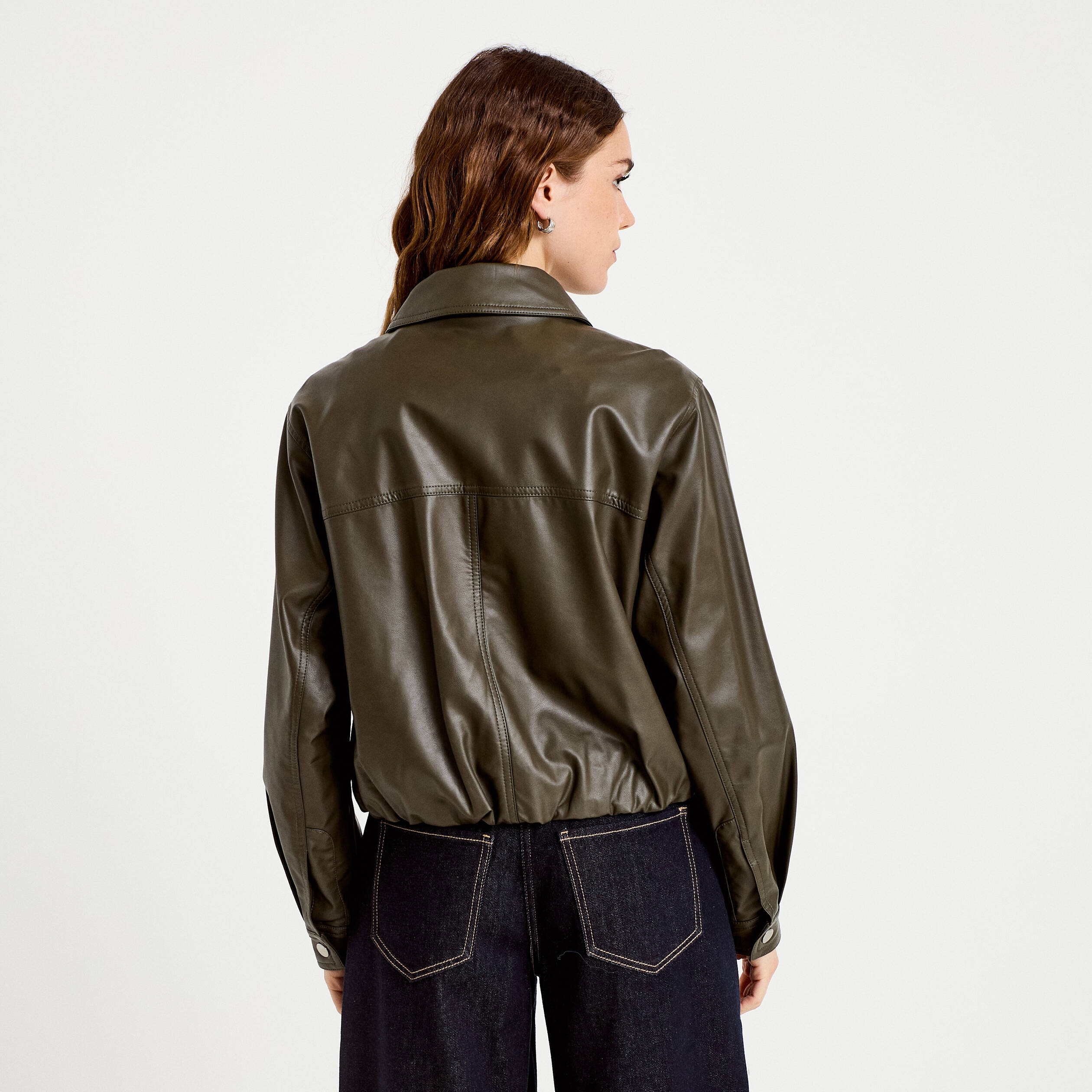 Veste effet boule manches longues vert kaki femme