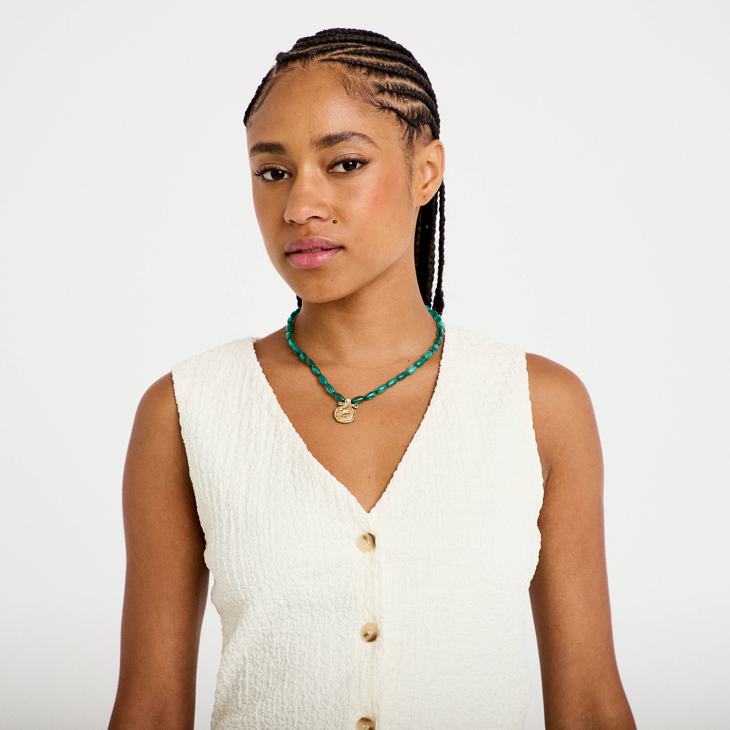 Gilet sans manches col v ecru femme