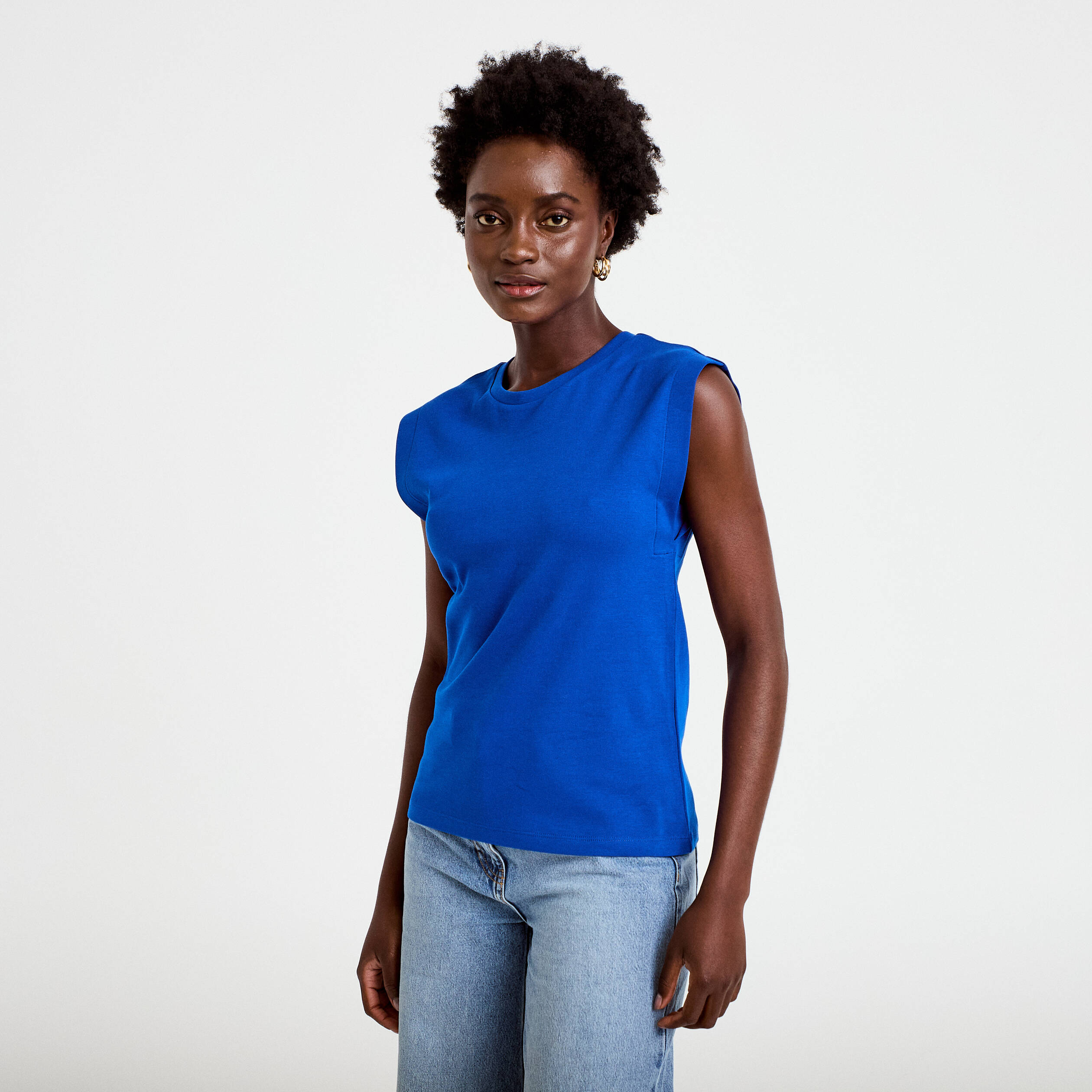 T-shirt col rond sans manches bleu electrique femme