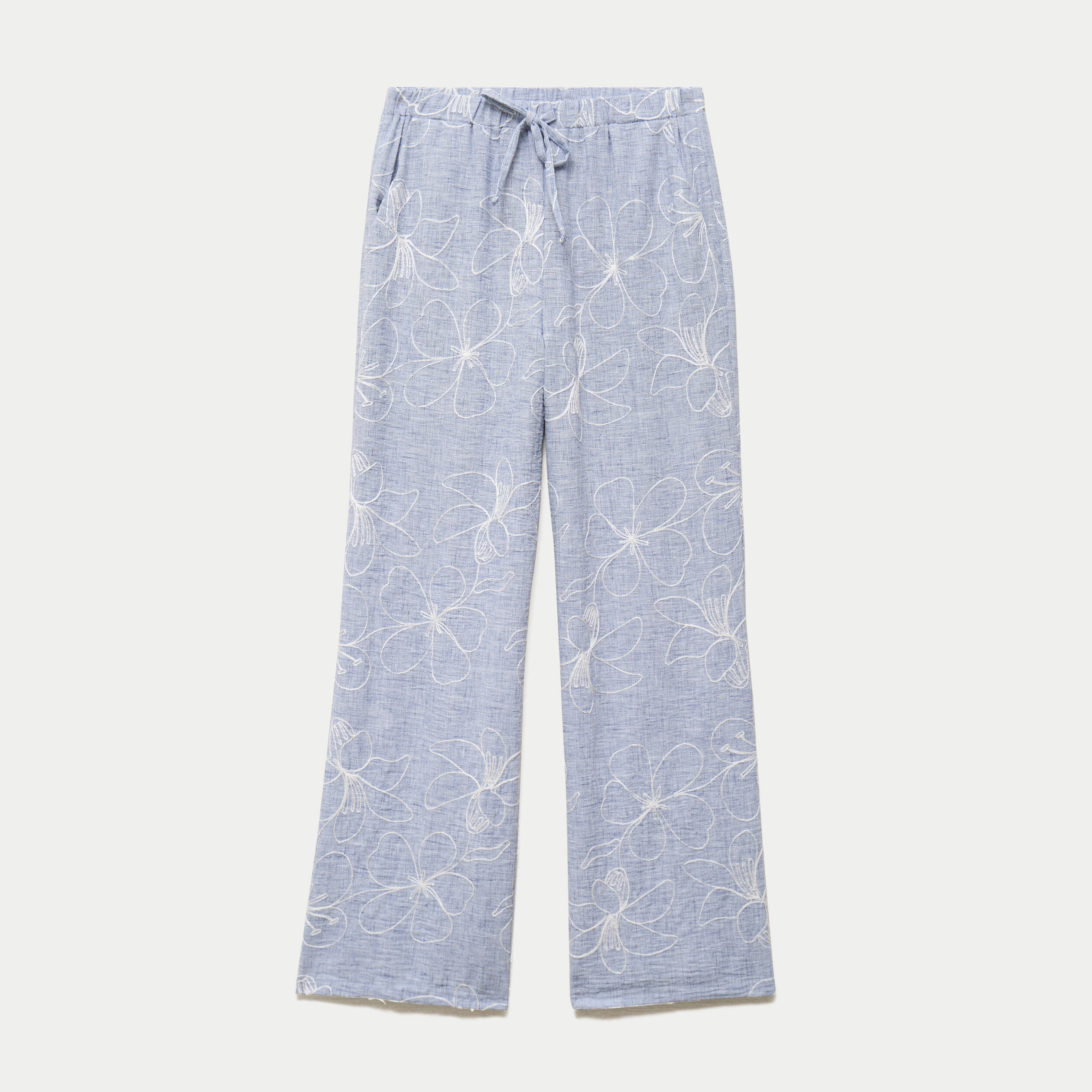 Pantalon large taille haute brod&eacute; bleu clair femme
