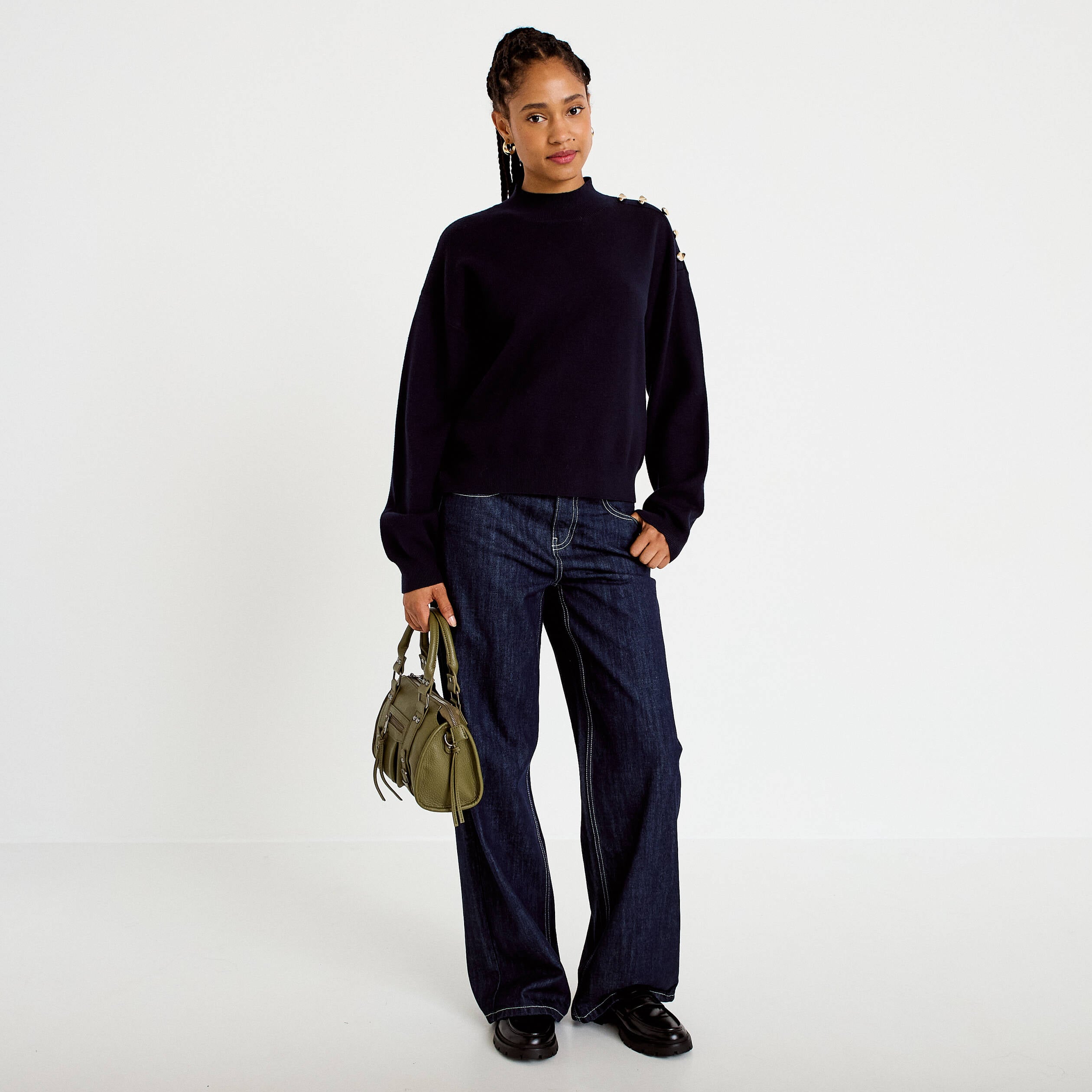 Pull col montant manches longues bleu marine femme