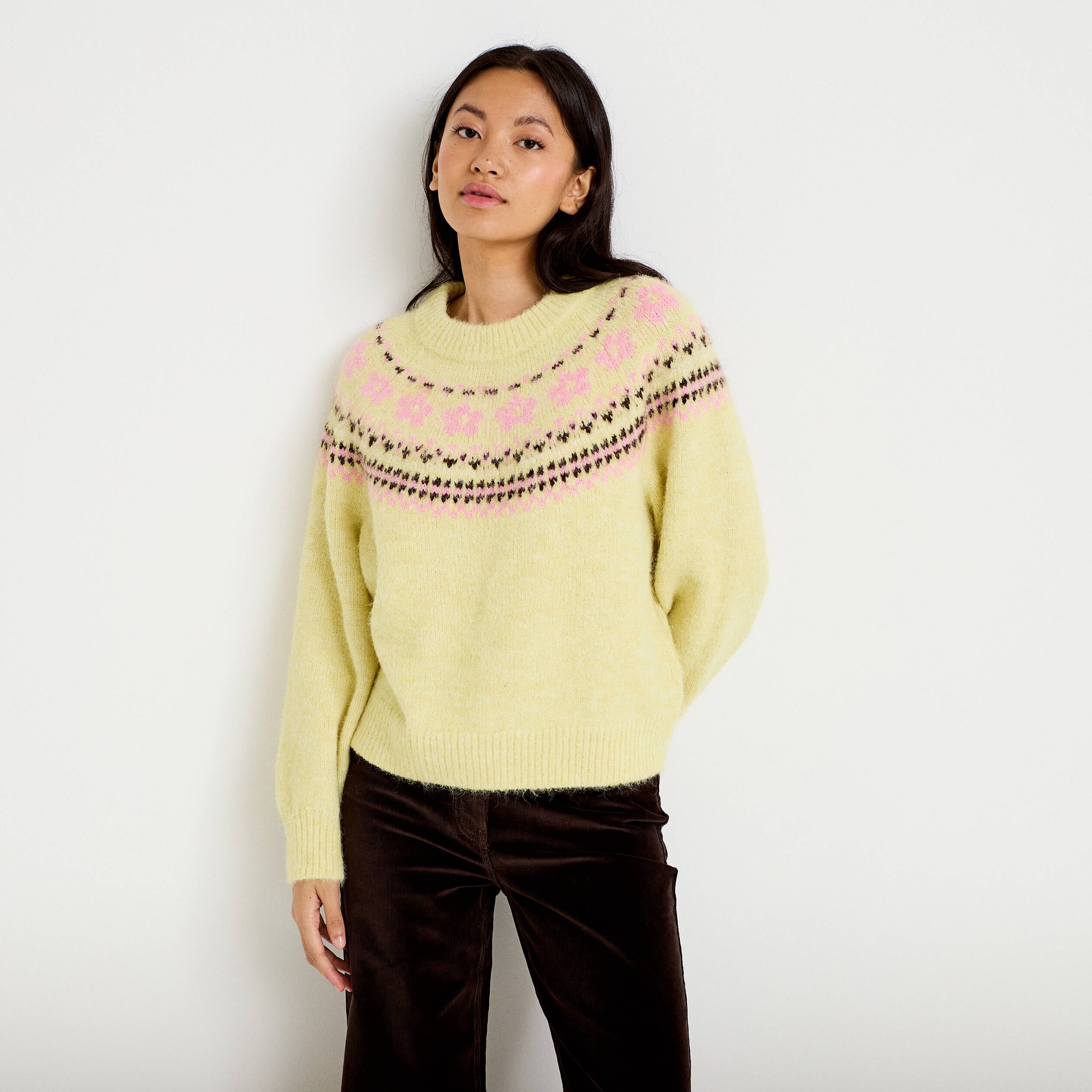 Pull col rond manches longues jaune clair femme