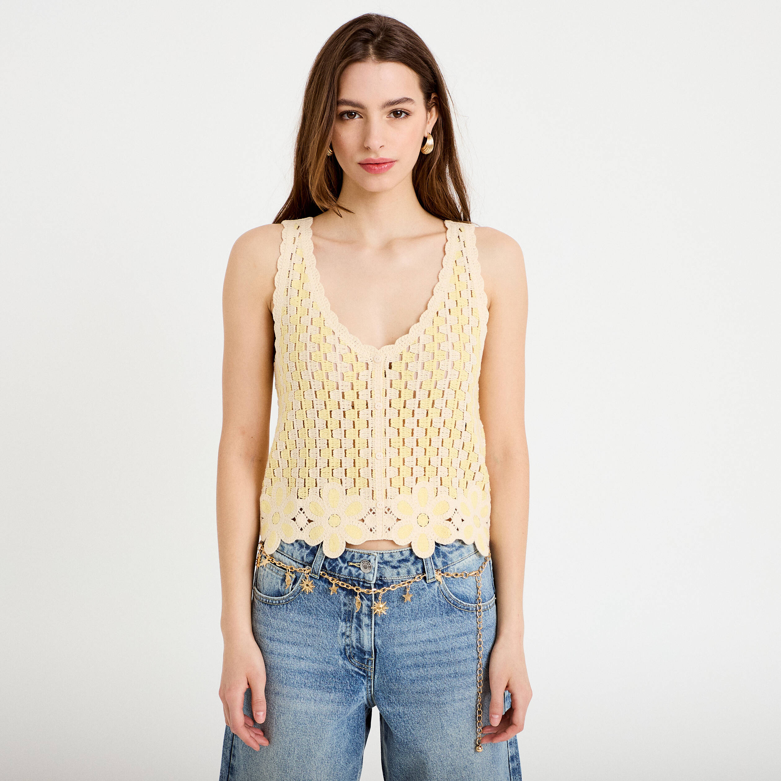 D&eacute;bardeur col v aspect dentelle jaune clair femme