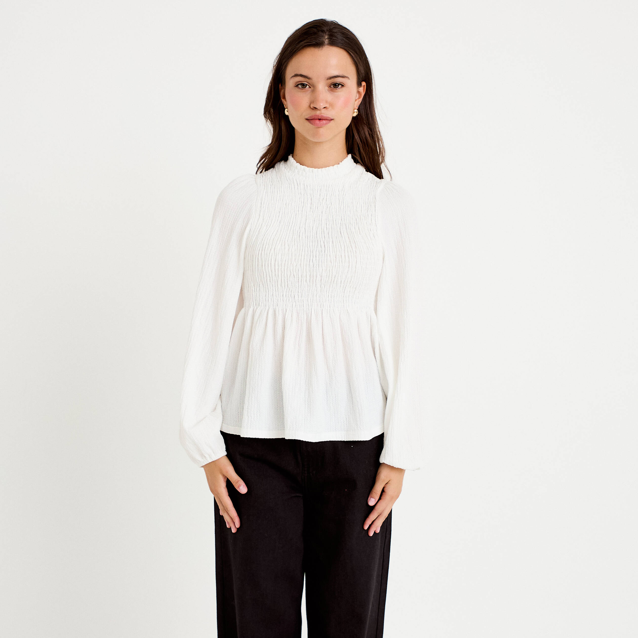 Blouse p&eacute;plum manches longues pliss&eacute;e ecru femme