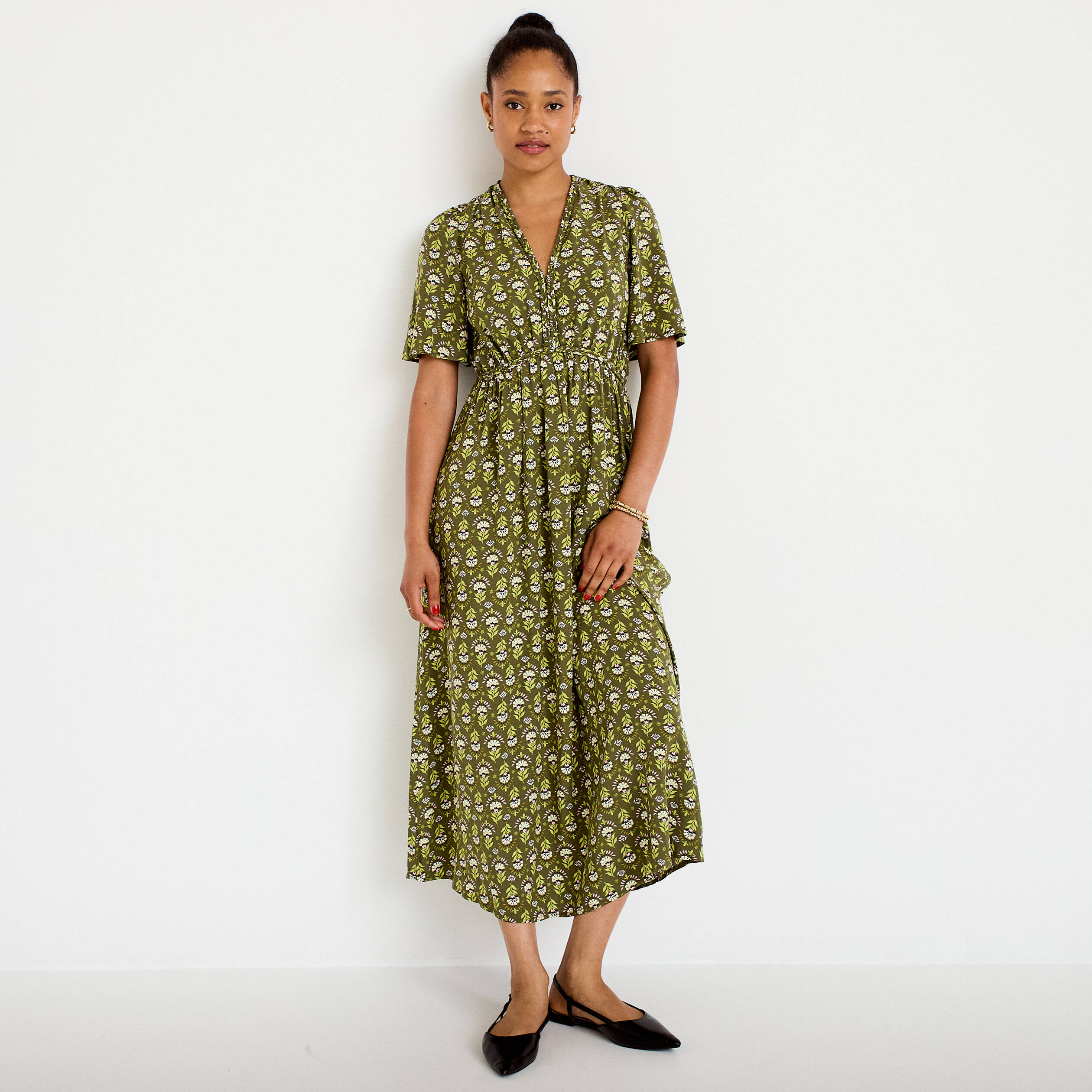 Robe longue manches courtes vert femme