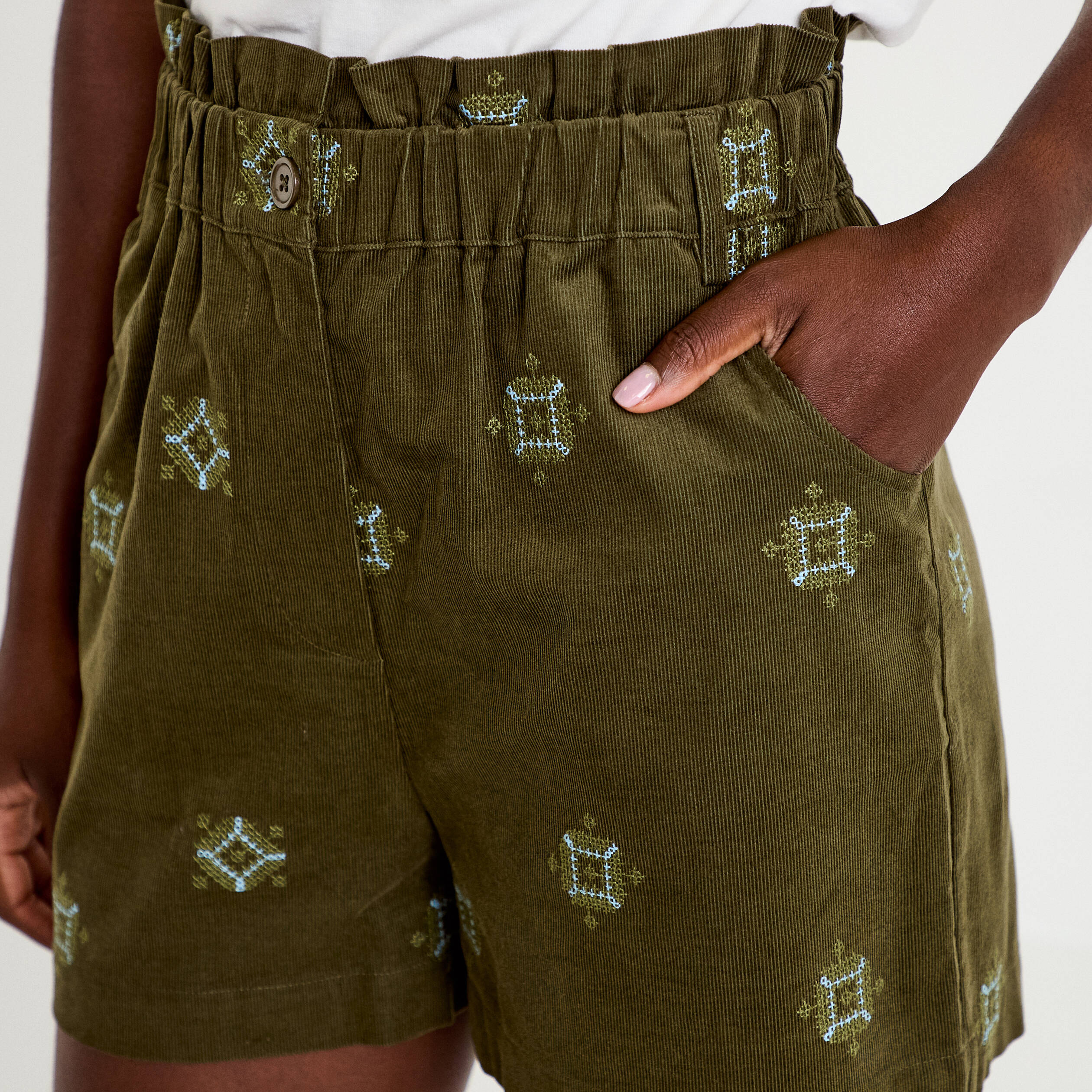 Short taille haute en velours brod&eacute; vert kaki femme
