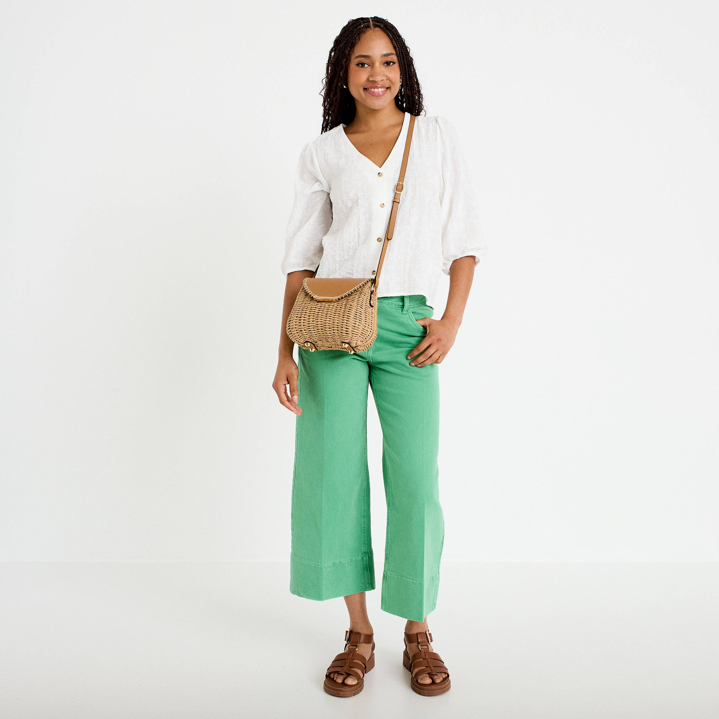 Pantalon bootcut 3/4 taille haute vert femme