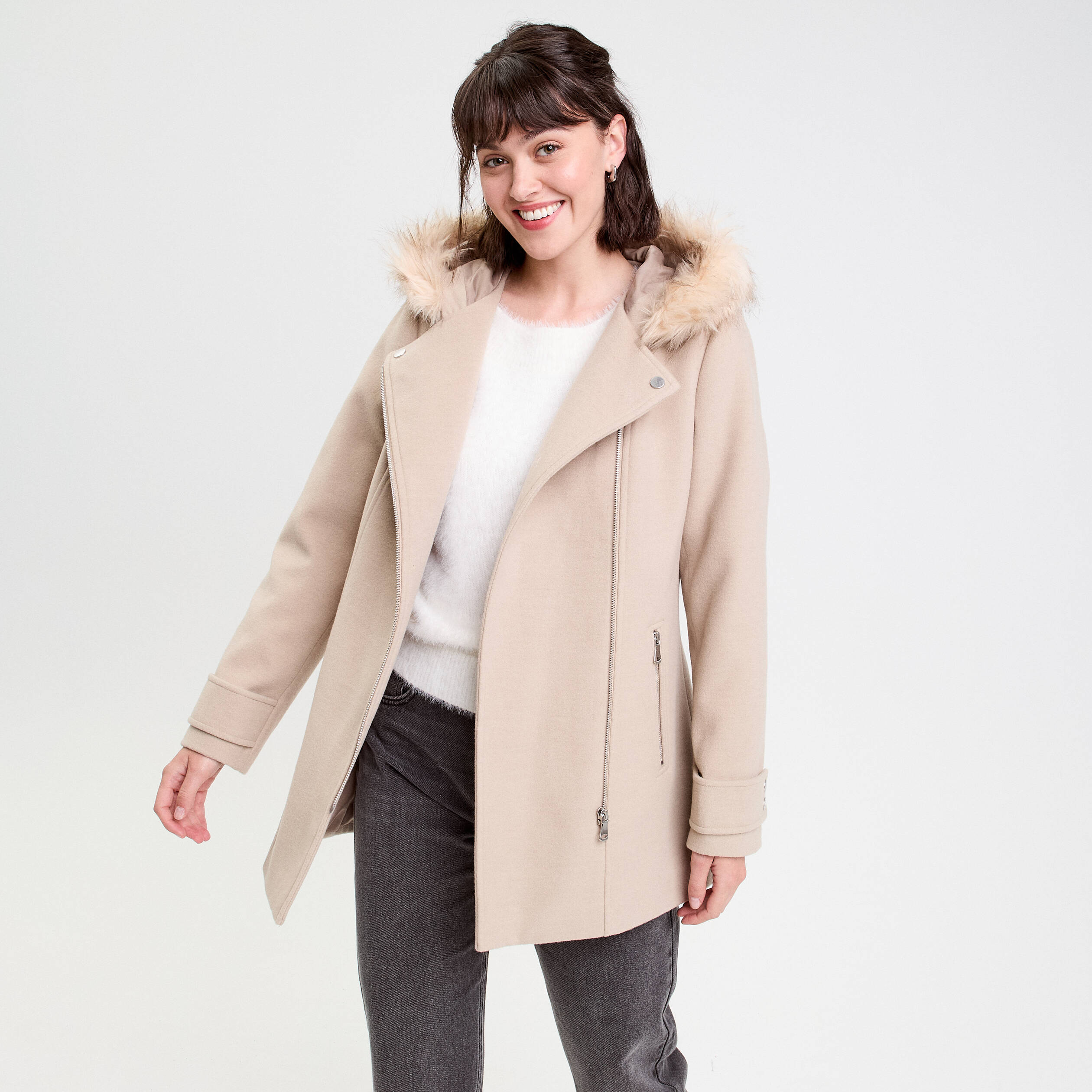 Manteau droit avec capuche beige femme