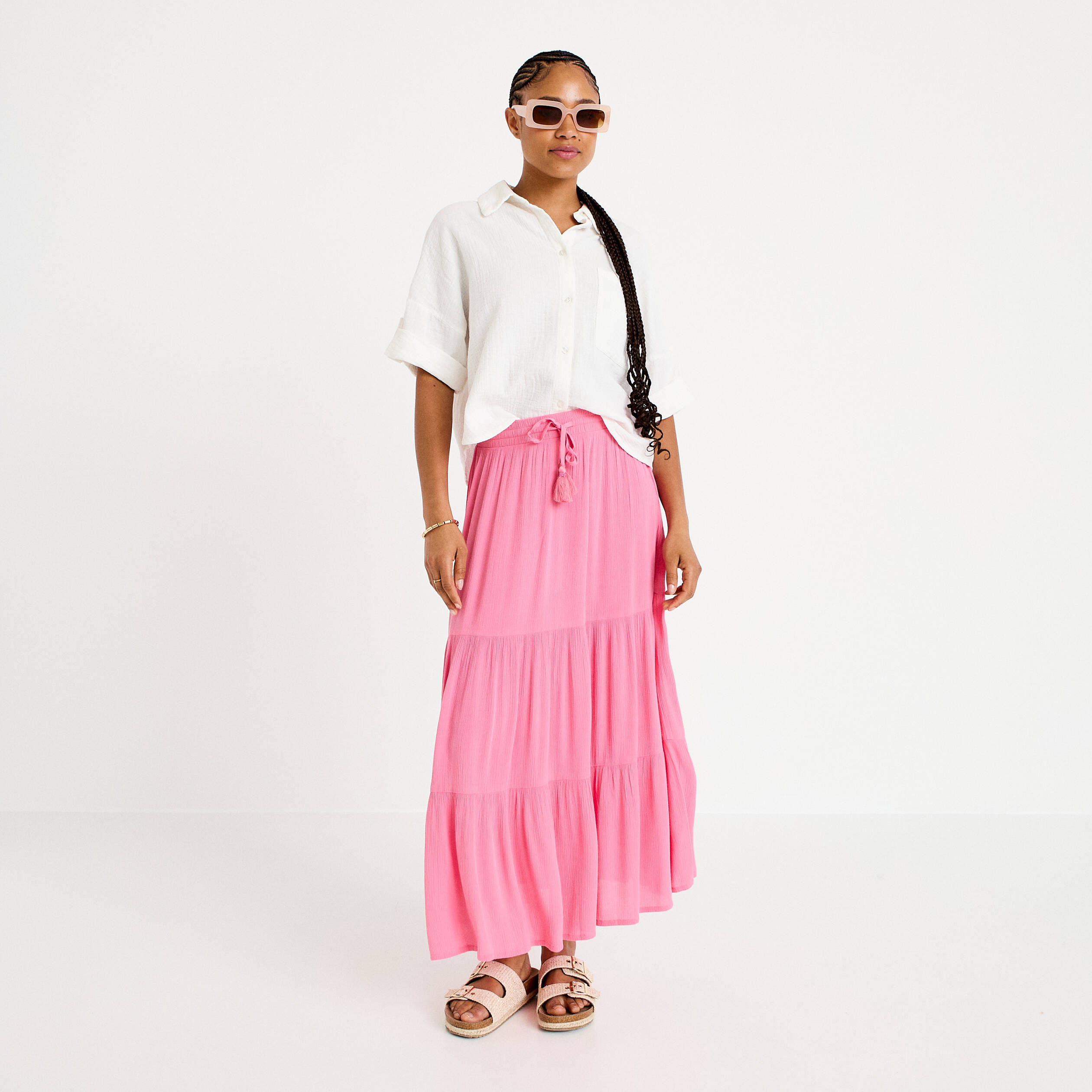 Jupe longue pliss&eacute;e &eacute;vas&eacute;e rose vif femme