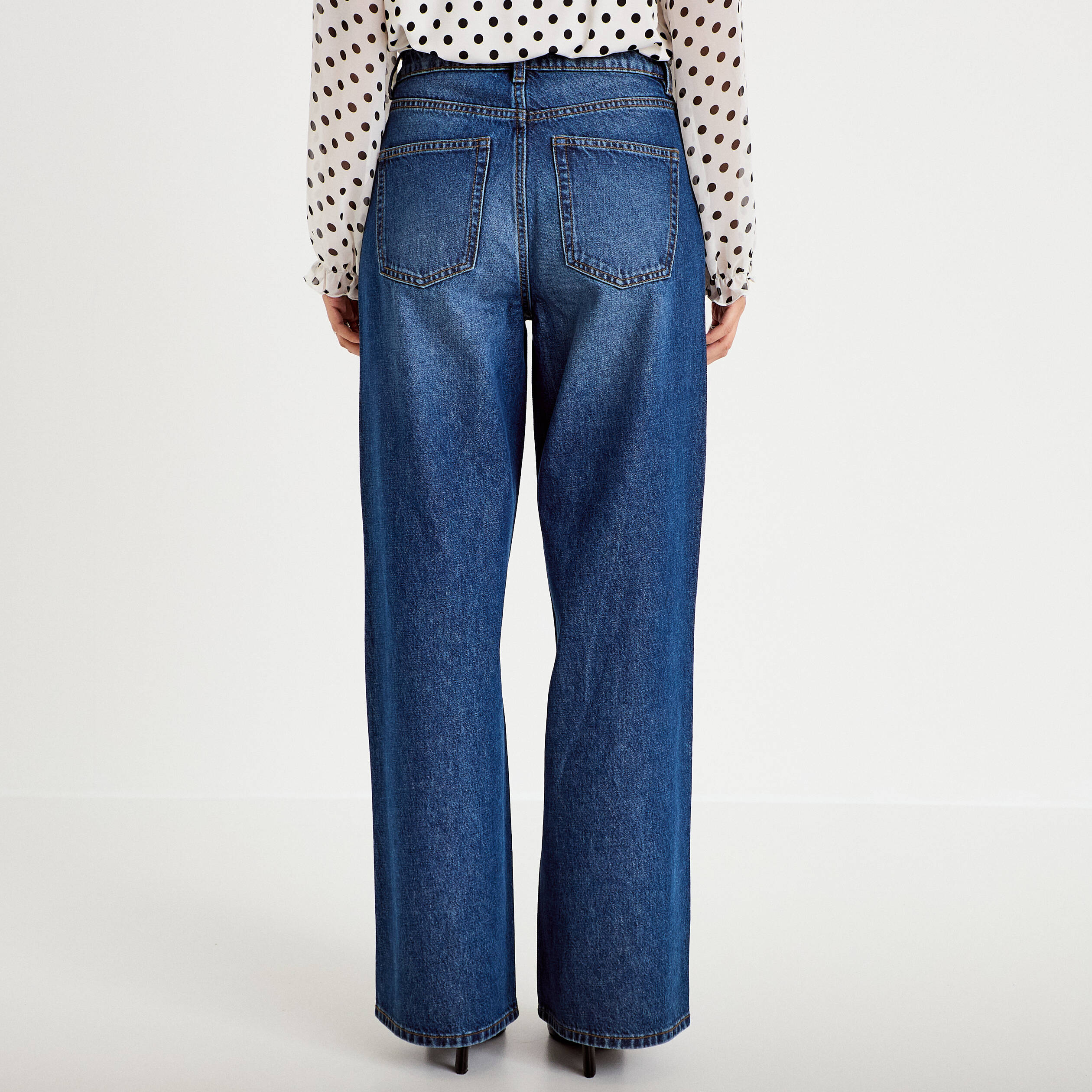 Jeans wide leg taille haute bleu fonc&eacute; femme
