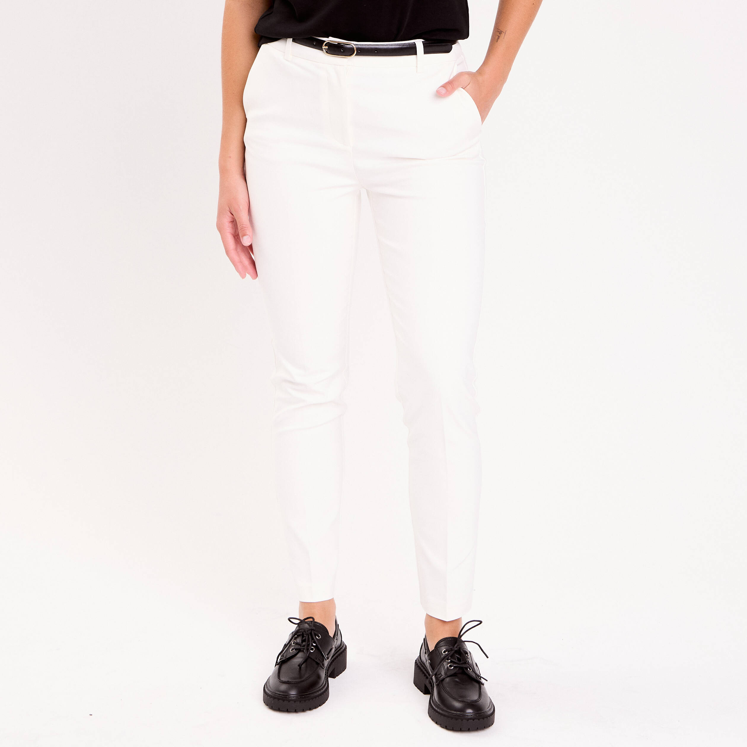 Pantalon cigarette ceintur&eacute; ecru femme