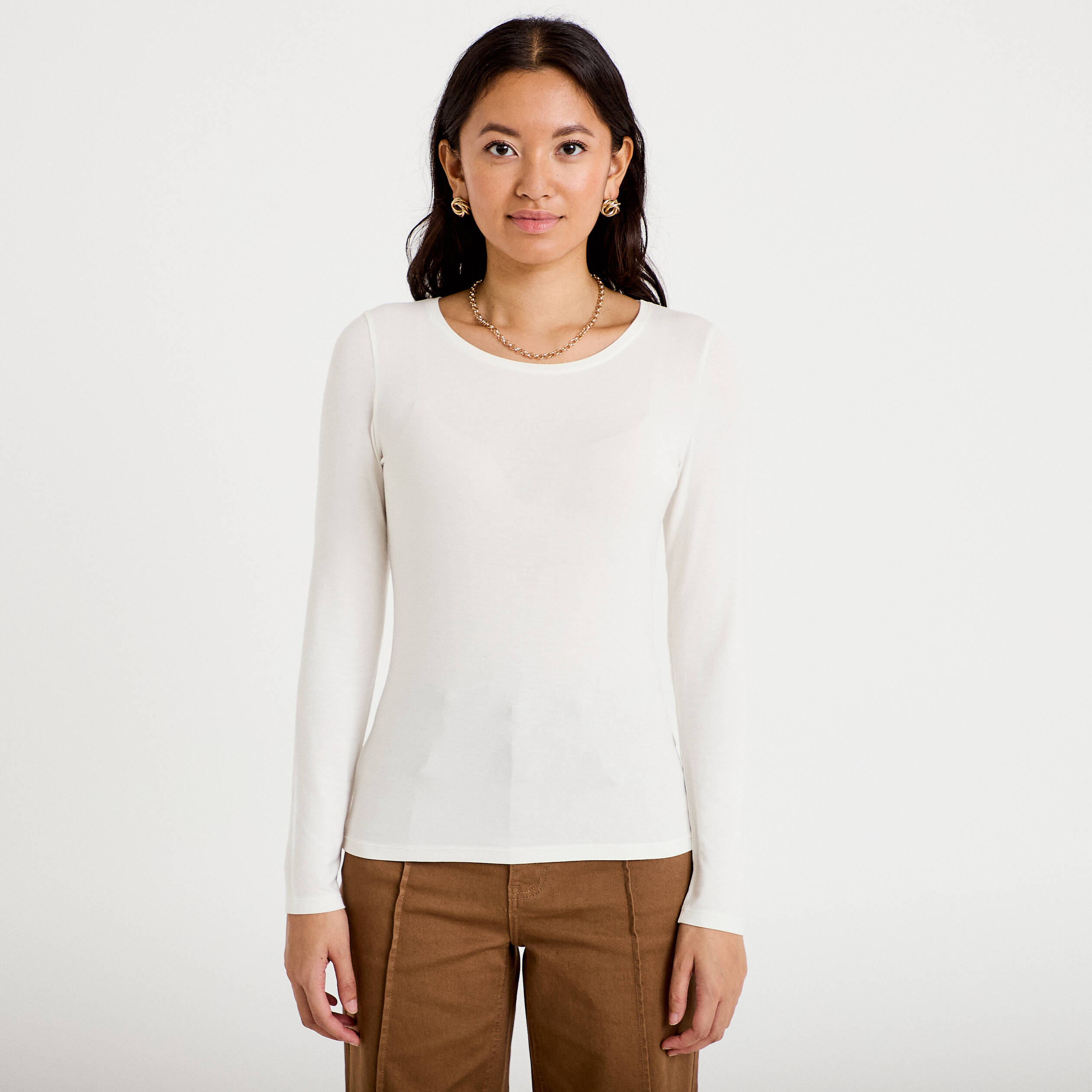 T-shirt uni &agrave; manches longues ecru femme