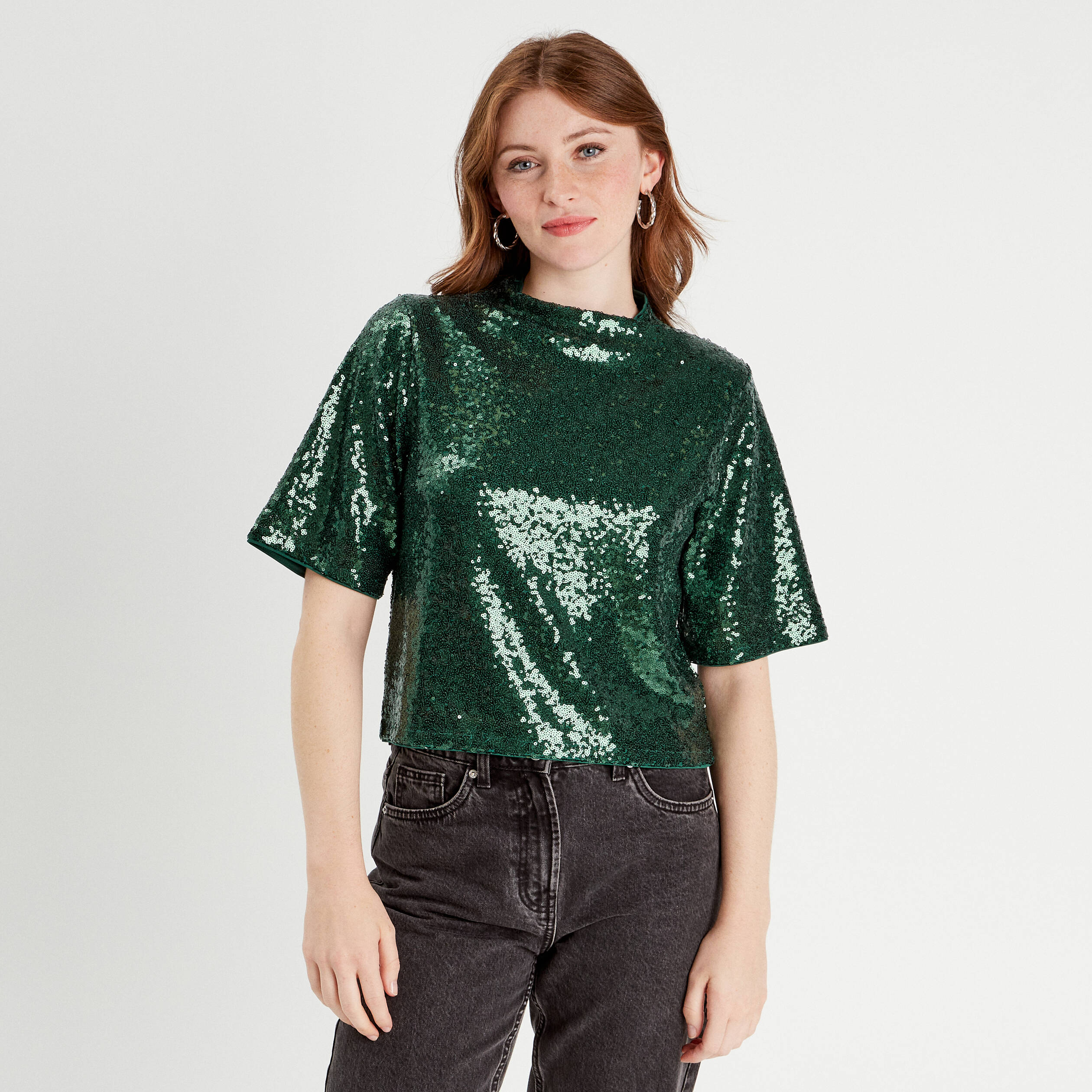 T-shirt sequins col montant vert fonc&eacute; femme