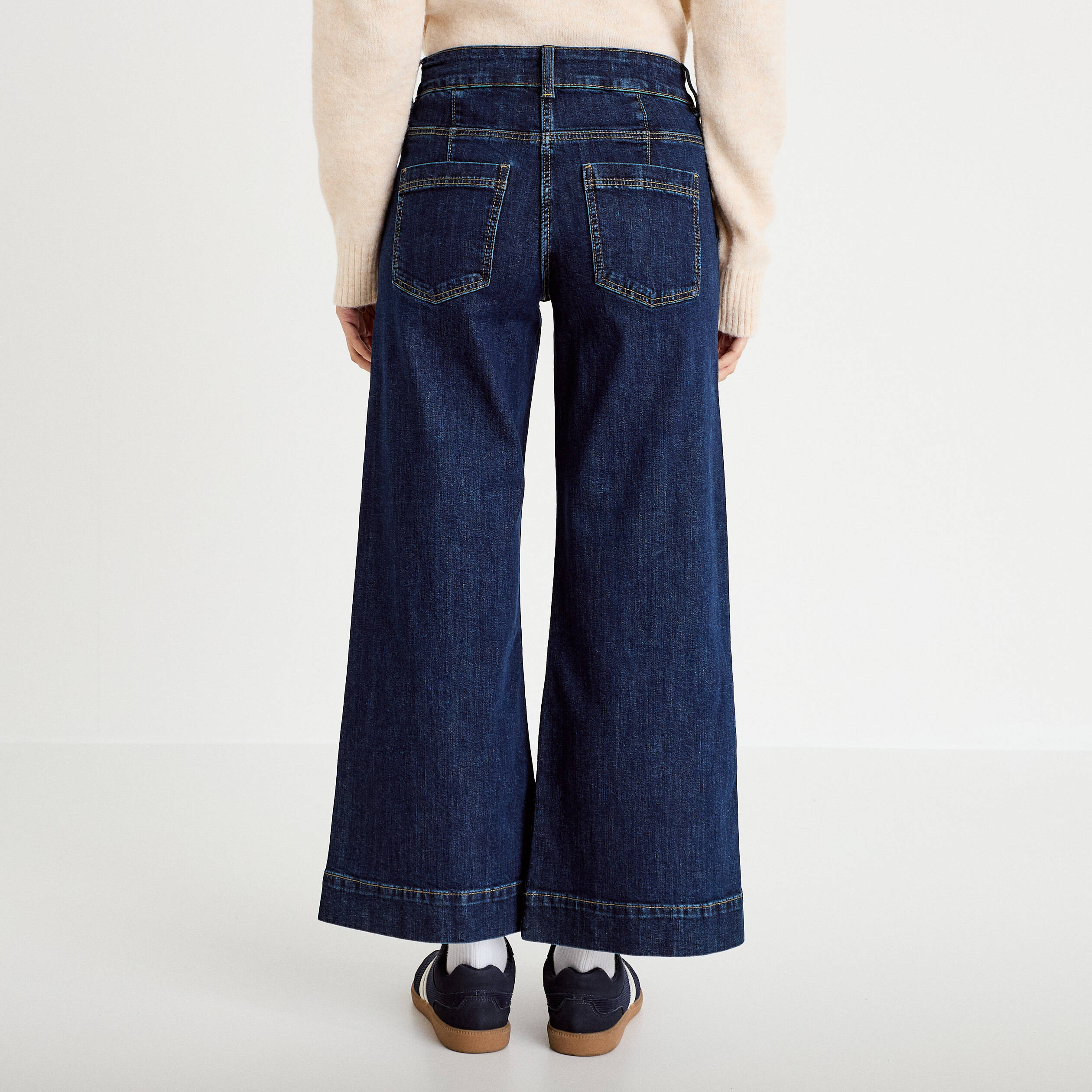 Jean wide leg cropped taille haute denim blue black femme