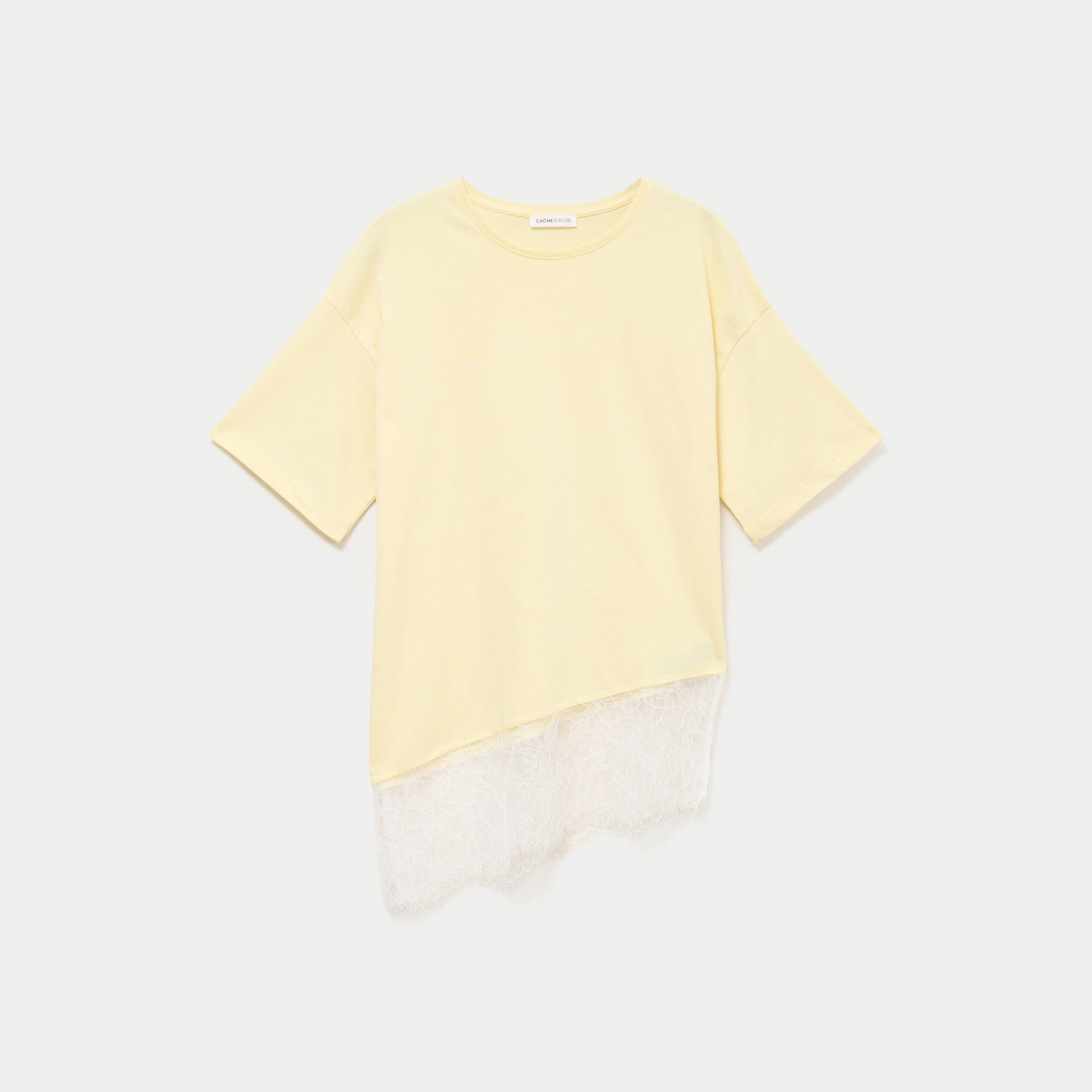 T-shirt oversize longue dentelle jaune clair femme