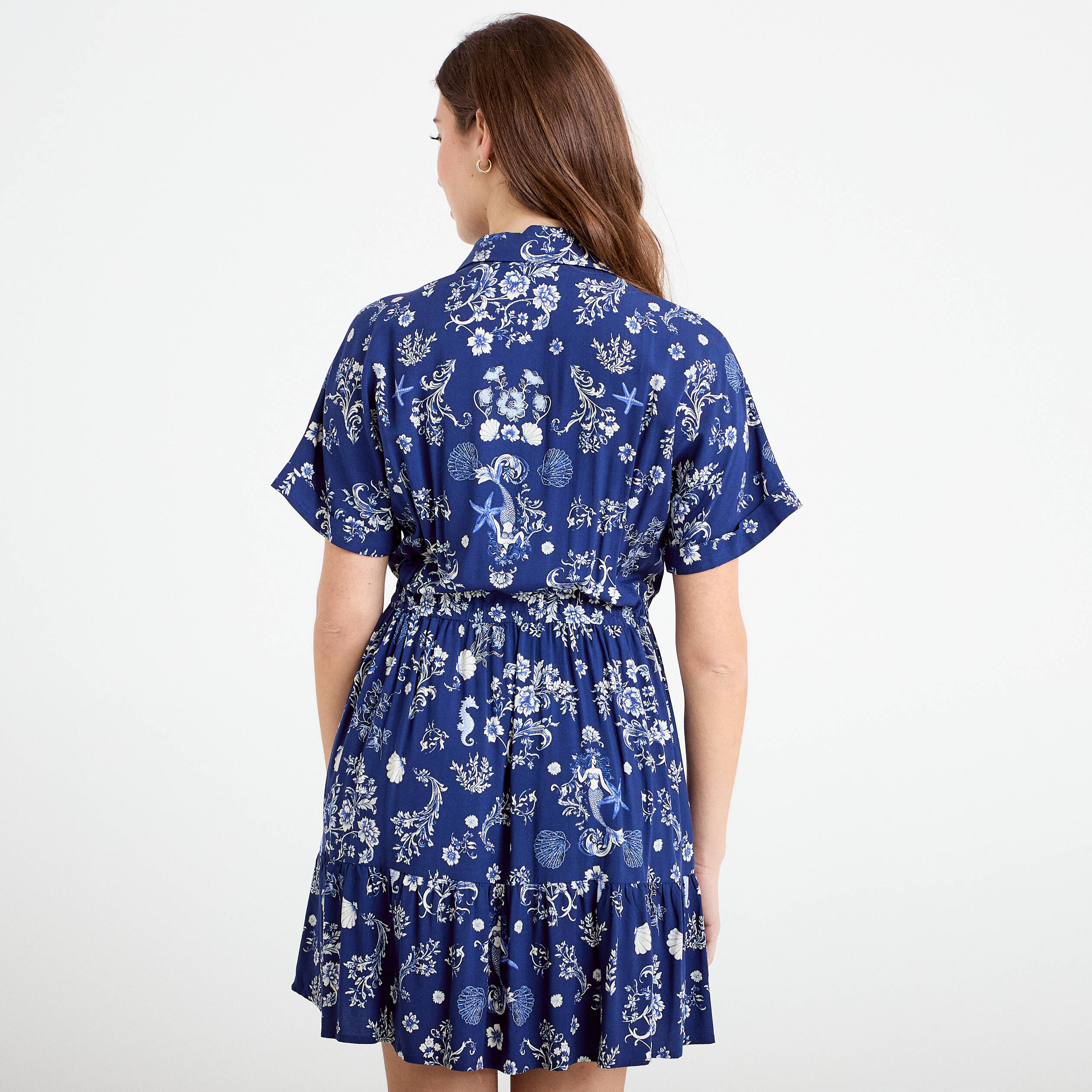 Robe courte &eacute;vas&eacute;e col chemise bleu marine femme