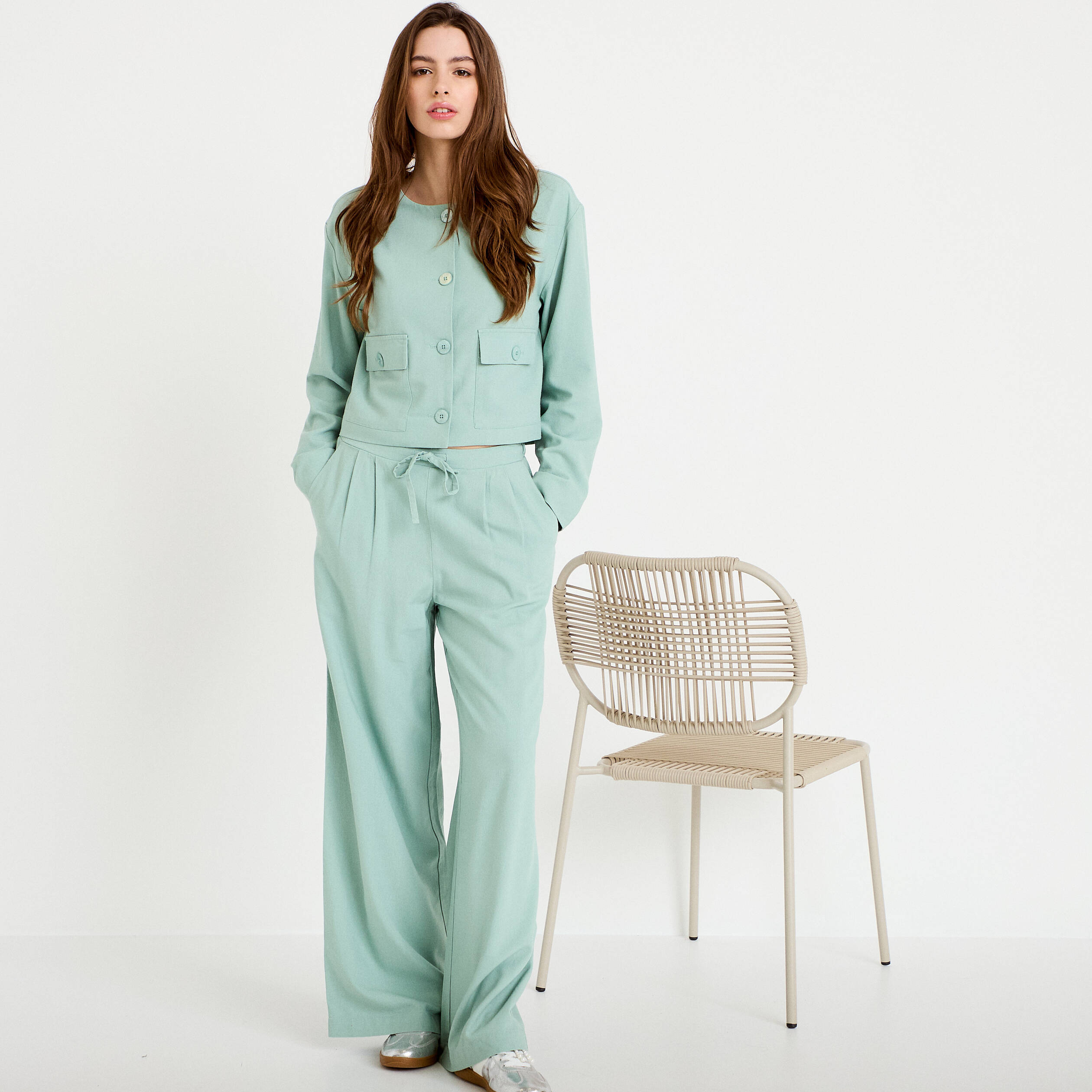 Pantalon large vert pastel femme