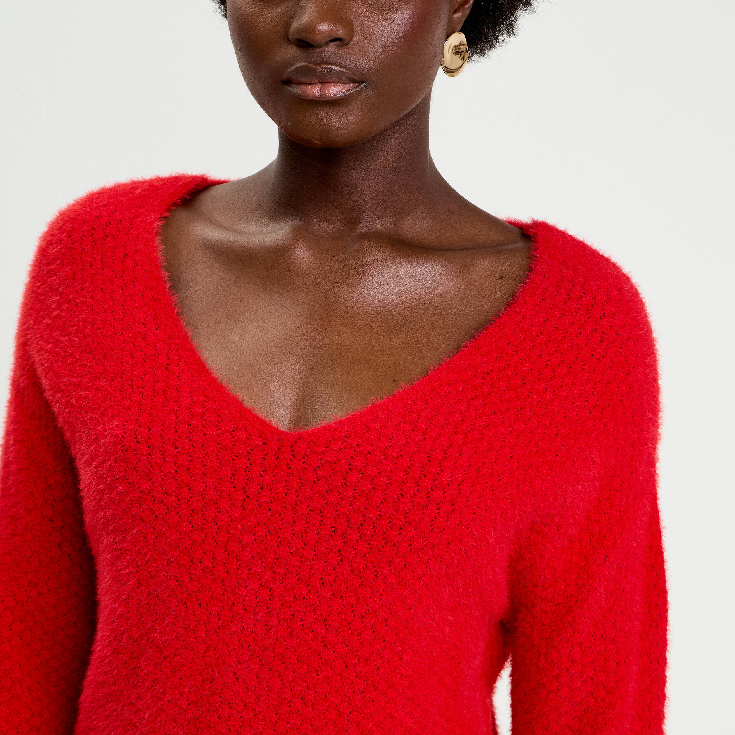 Pull col v manches longues rouge femme
