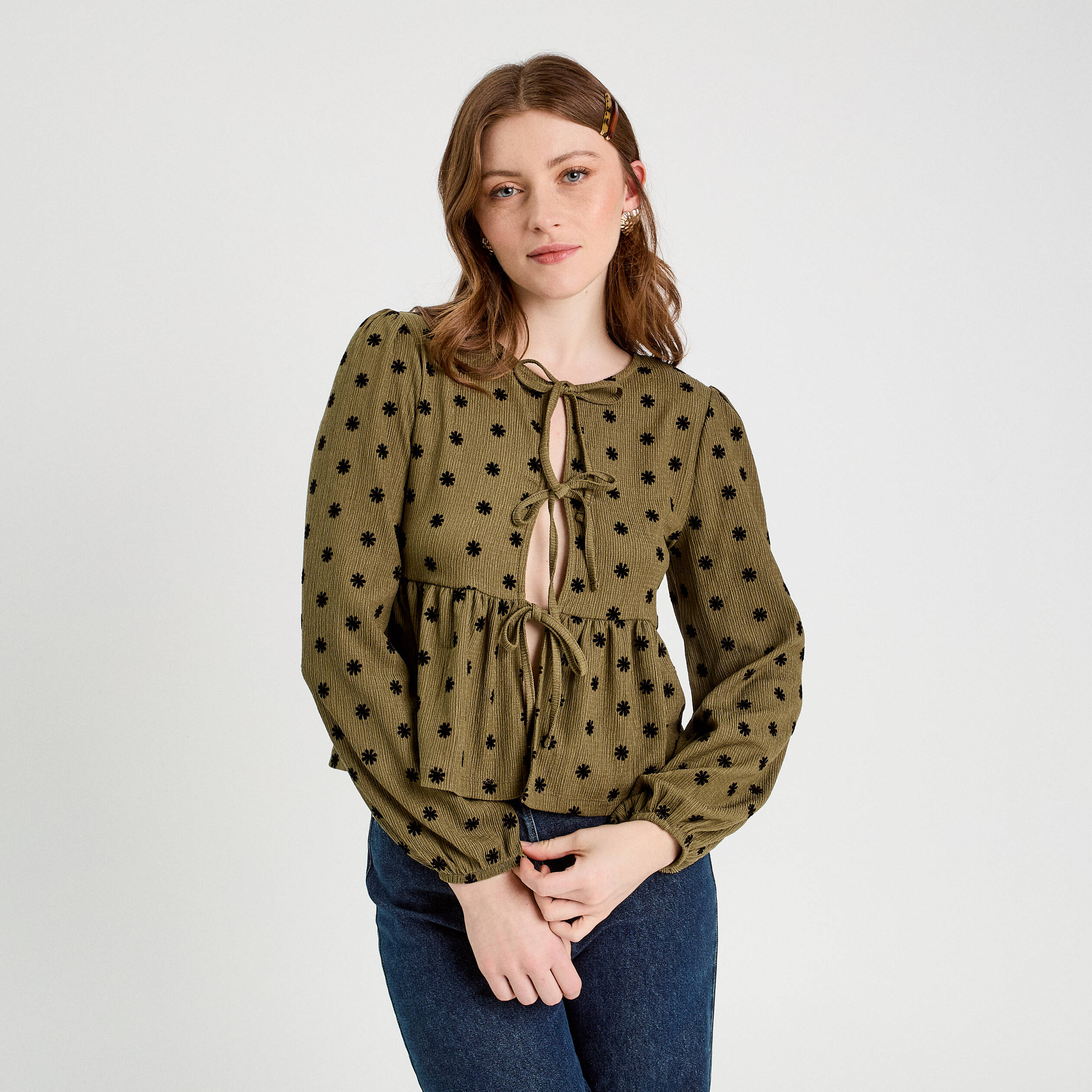 Blouse avec noeuds beige femme