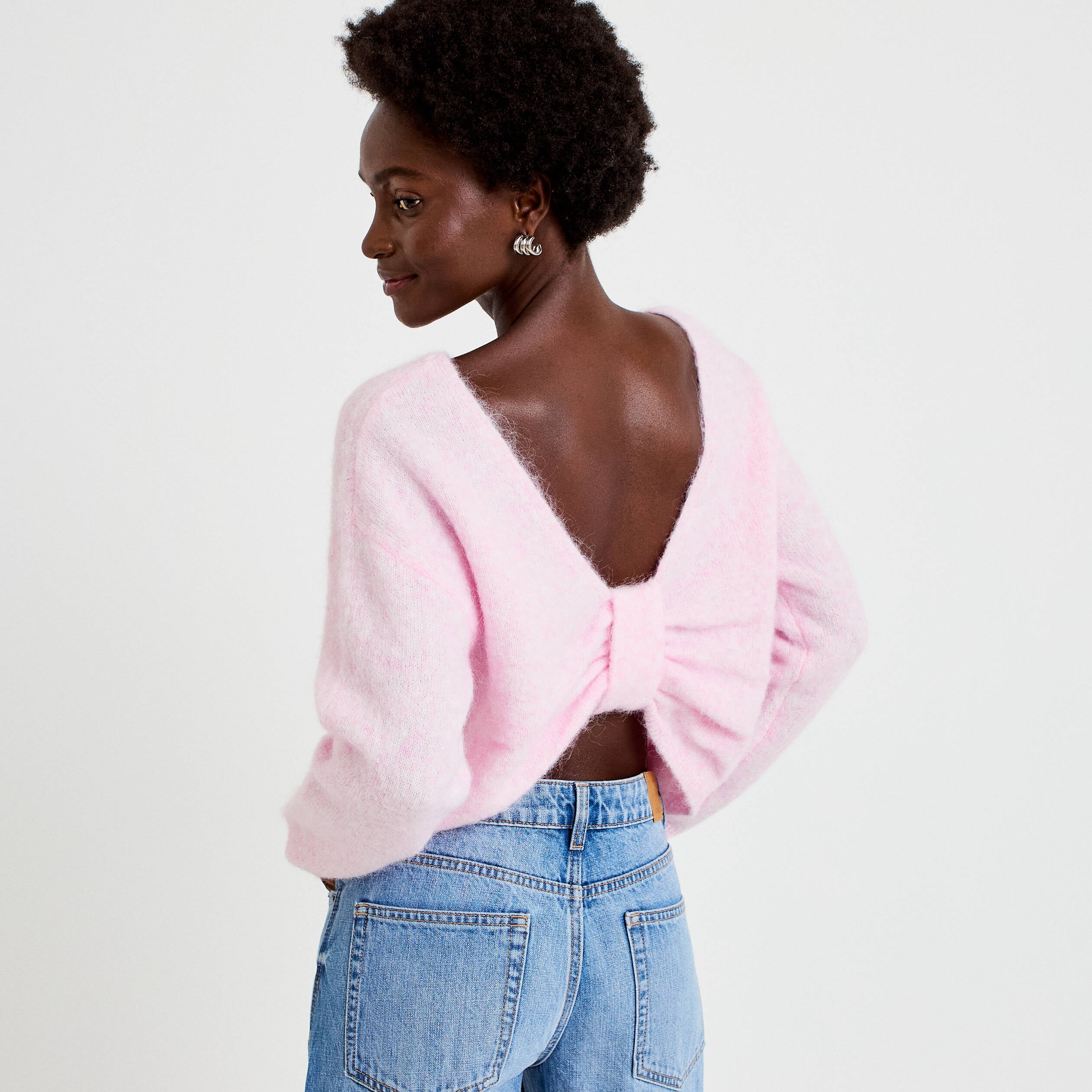 Pull col rond manches longues rose clair femme