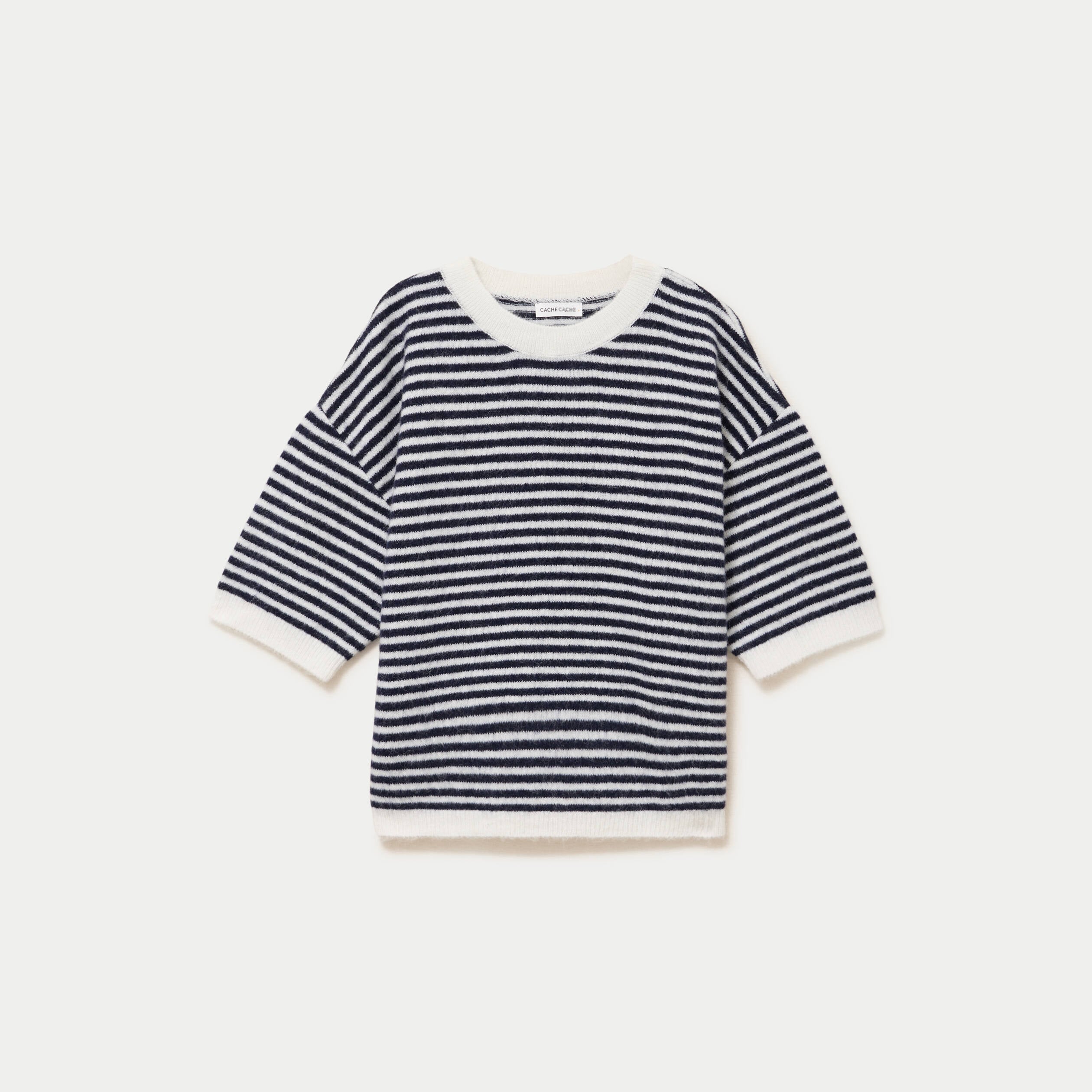 Pull ample duveteux manches courtes ecru femme