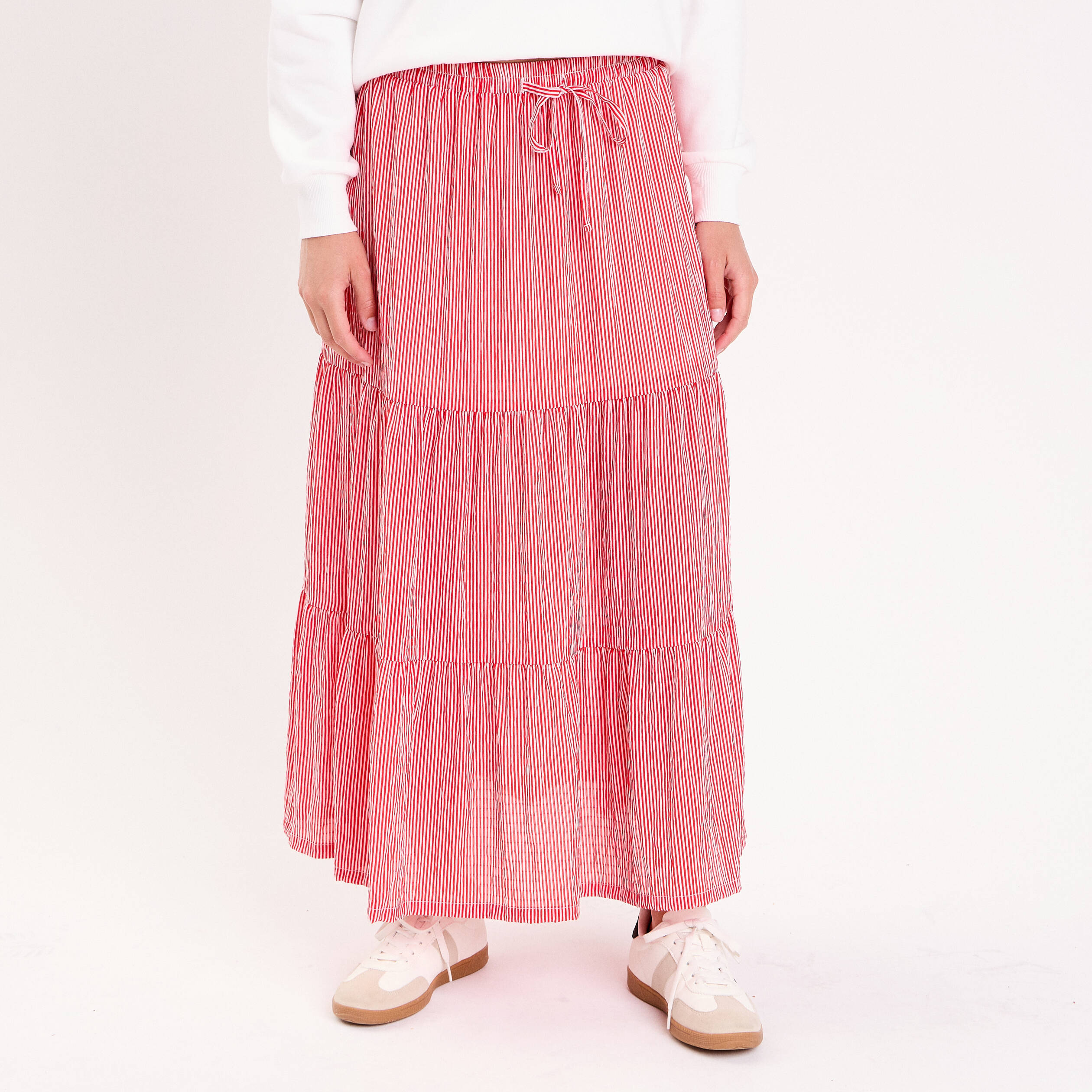 Jupe longue trap&egrave;ze rouge vif femme