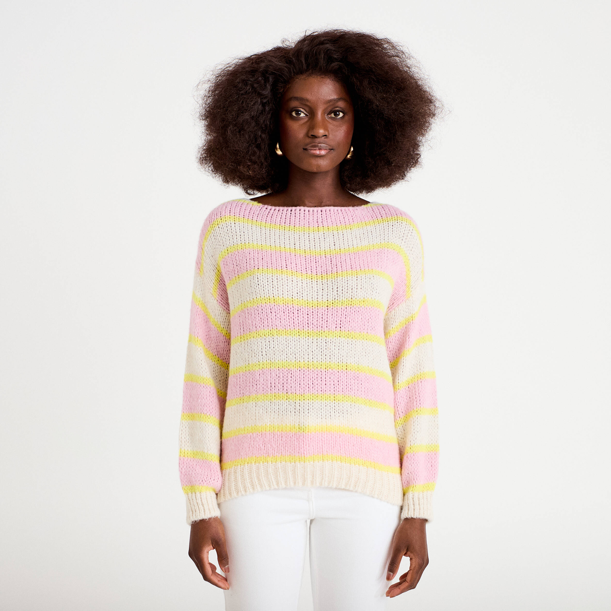 Pull col bateau manches longues jaune clair femme