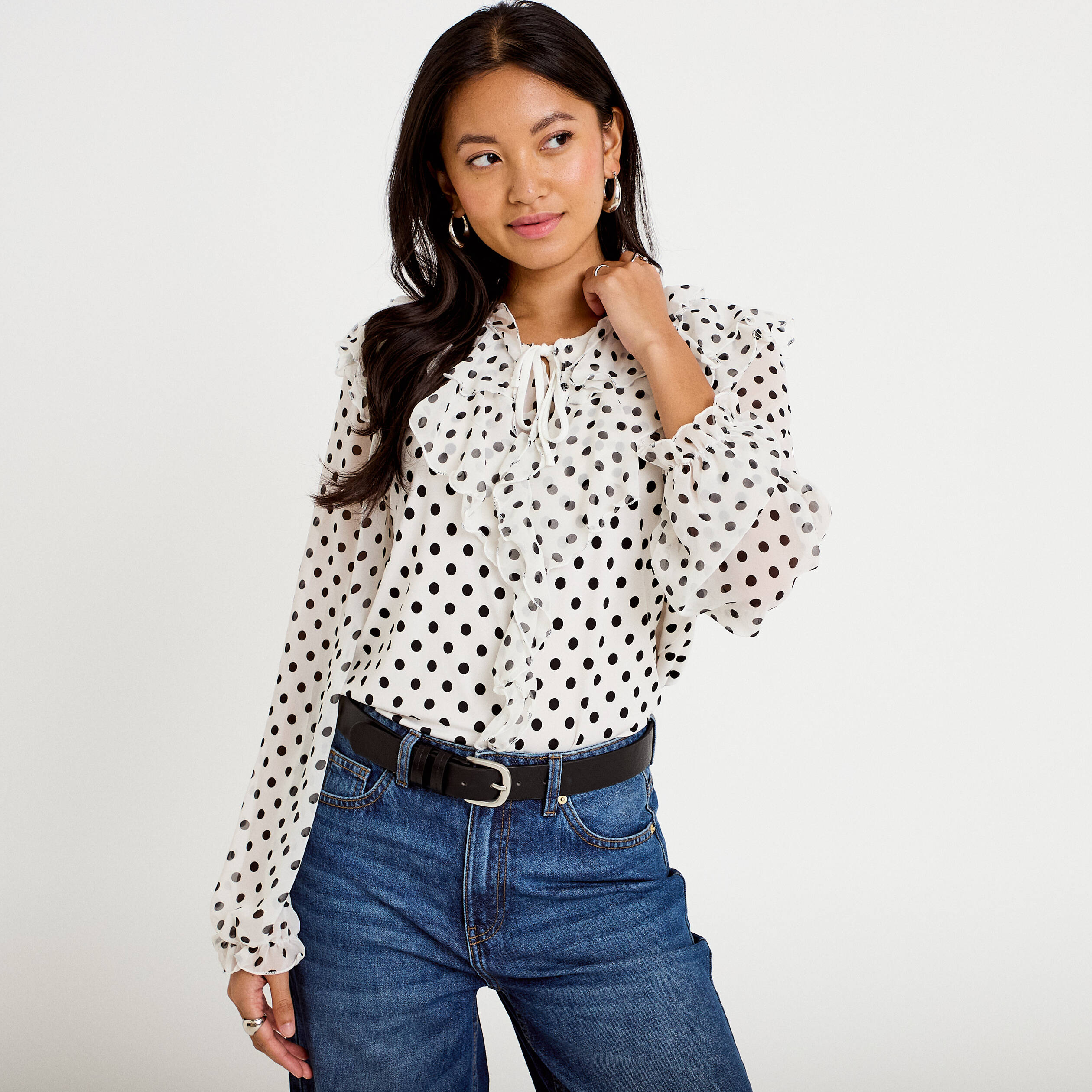 Blouse droite voile manches longues blanc femme