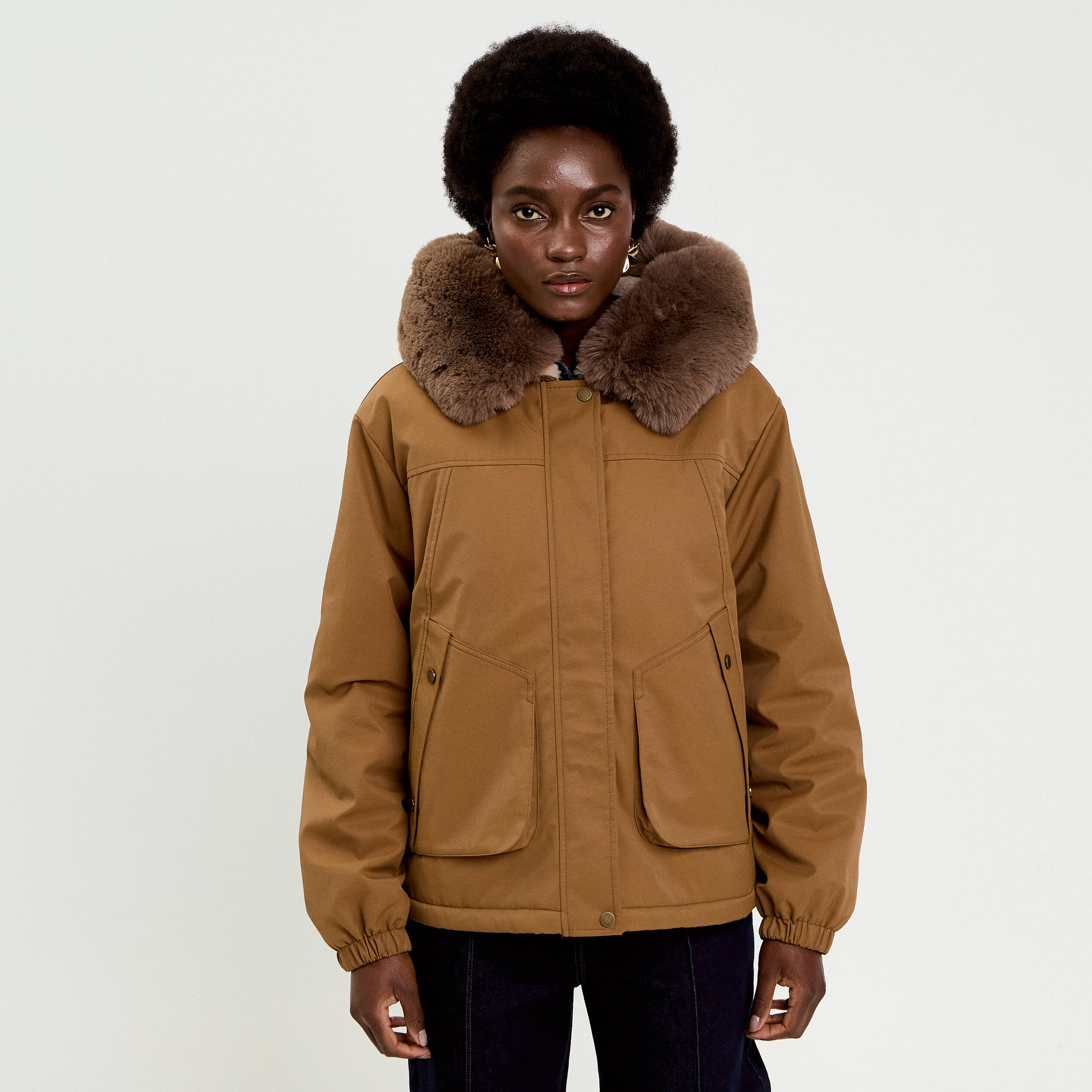 Parka col fausse fourrure amovible marron fonc&eacute; femme