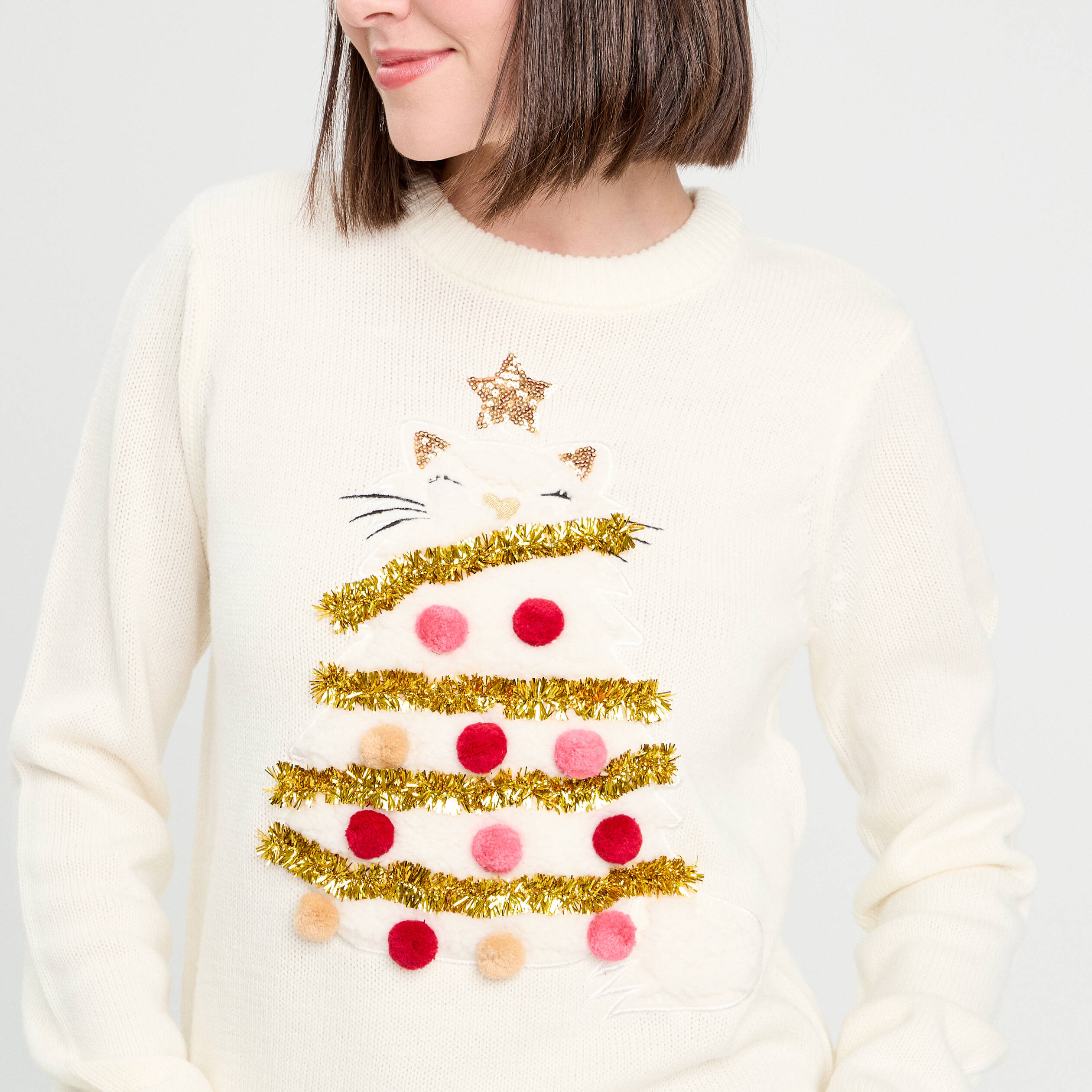 Pull pompons et guirlandes ecru femme