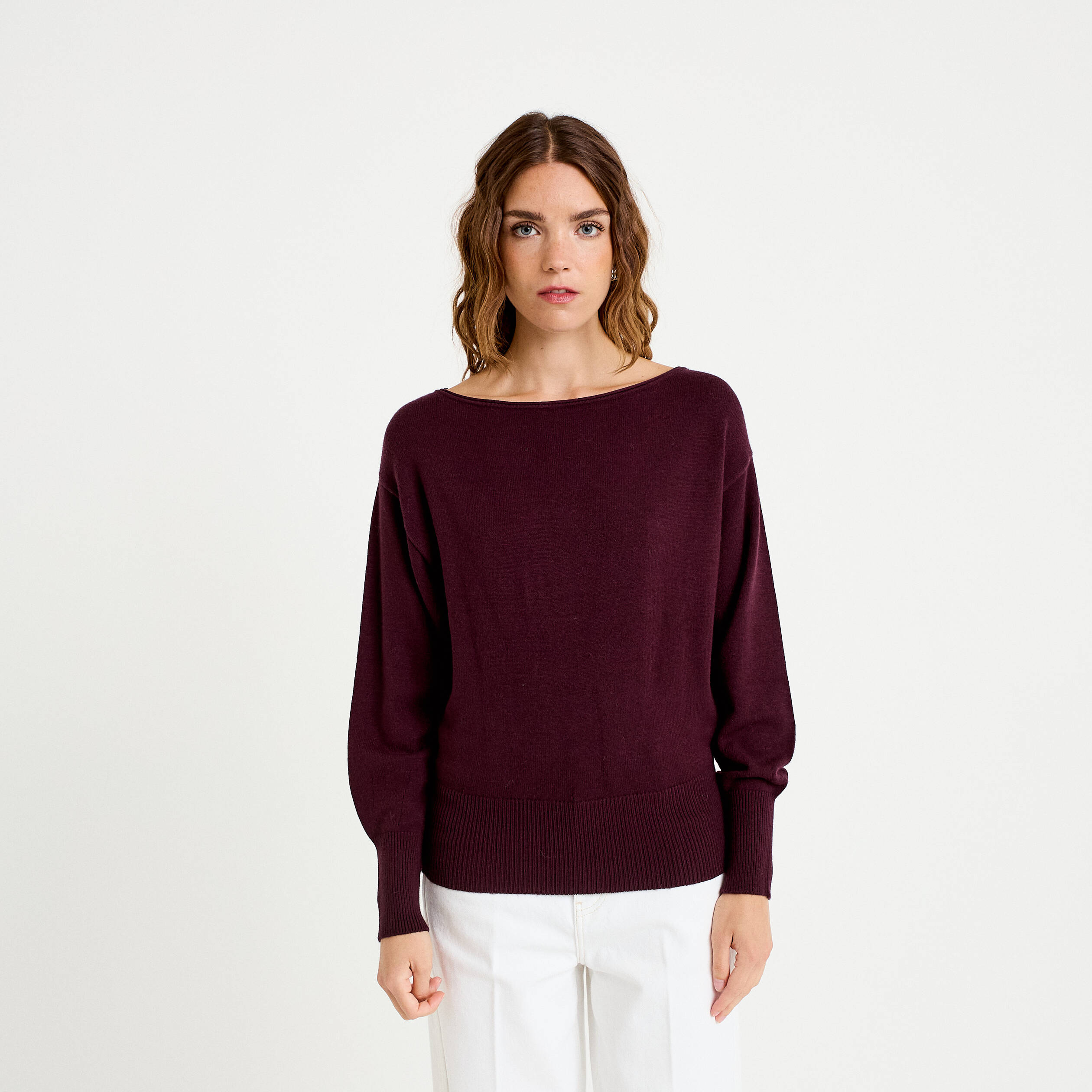 Pull oversize col bateau manches longues prune femme