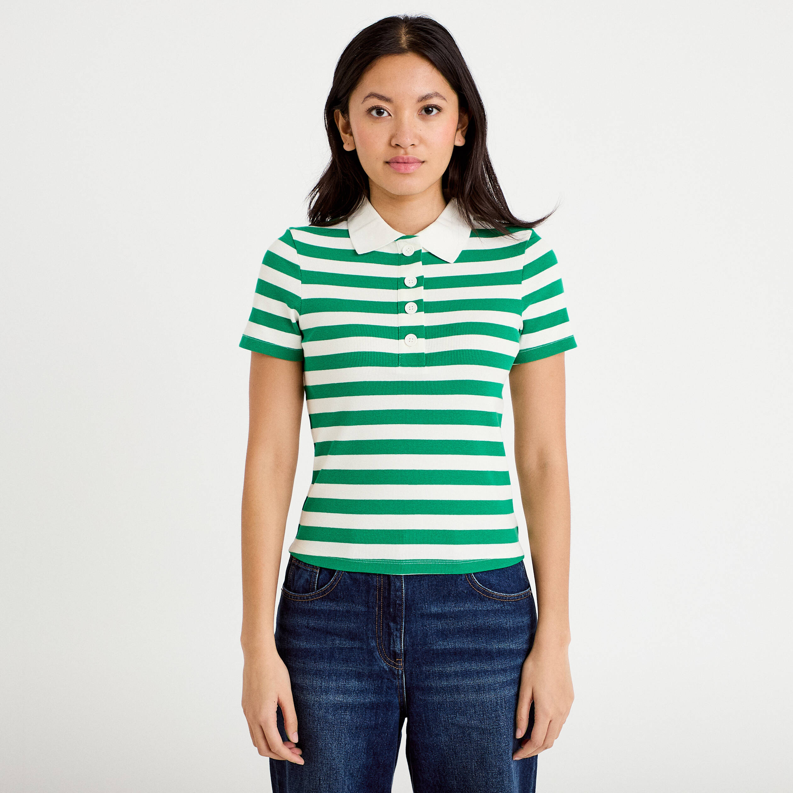 T-shirt c&ocirc;tel&eacute; col polo vert femme