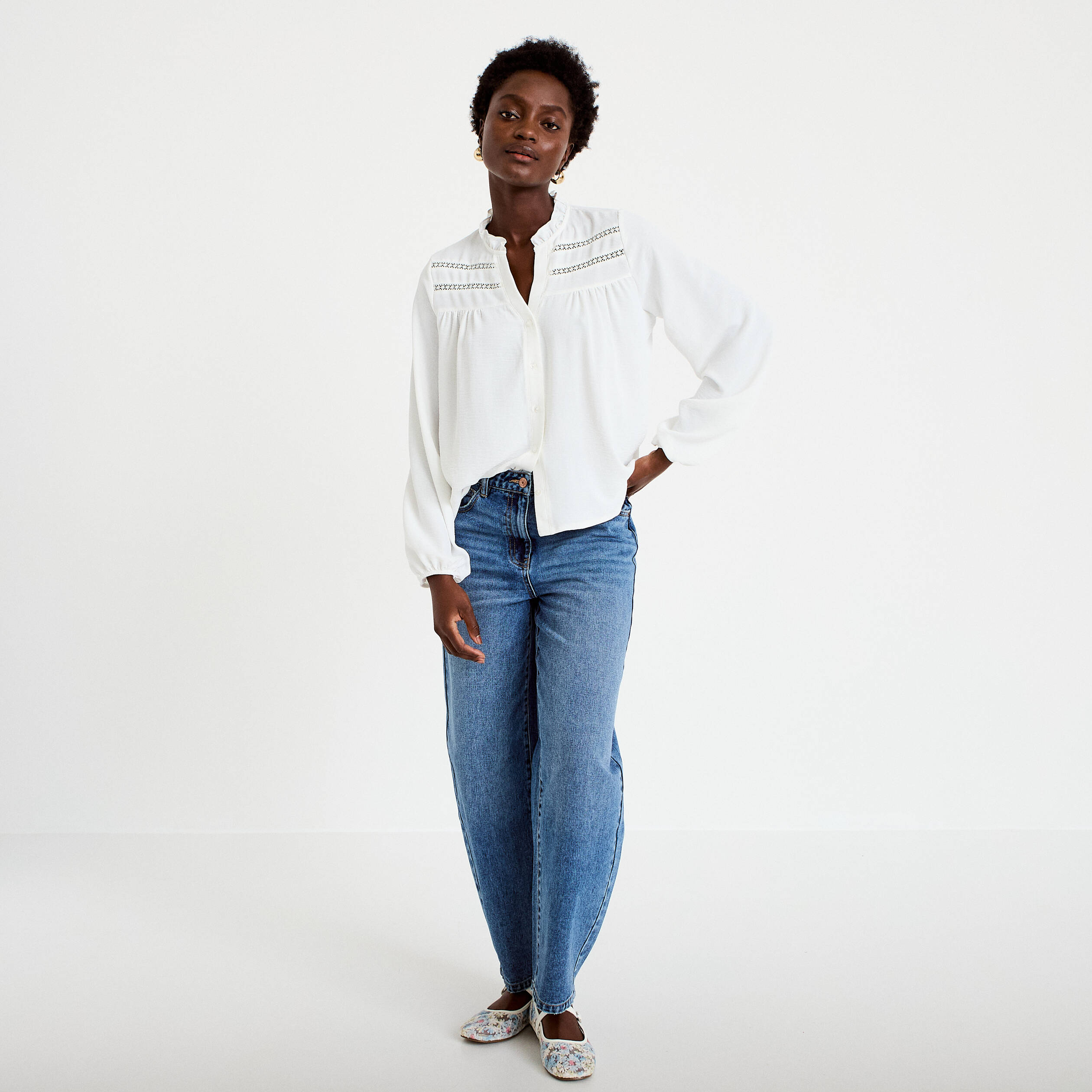 Blouse droite col mao manches longues ecru femme