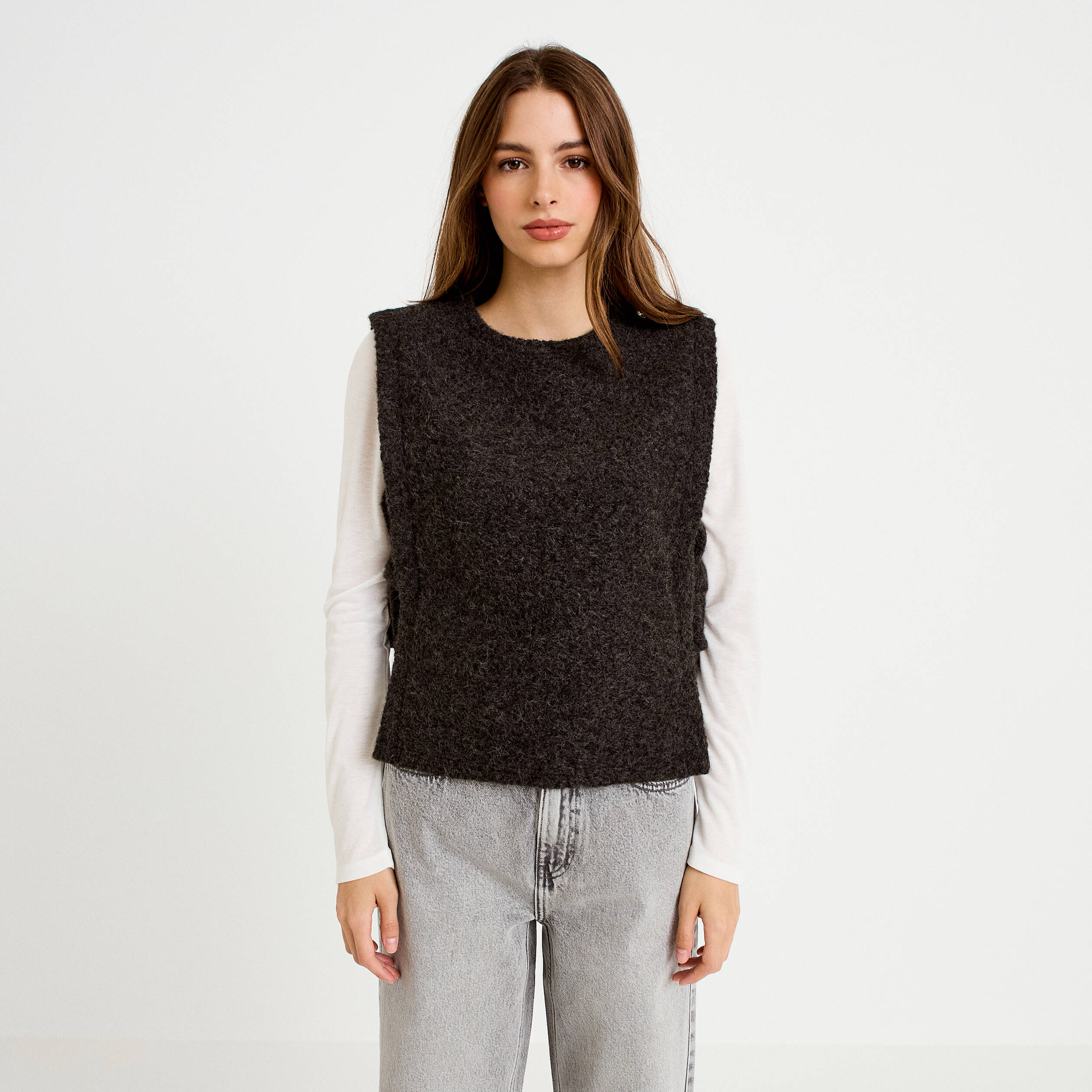 T-shirt 2-en-1 col rond manches longues gris fonc&eacute; femme
