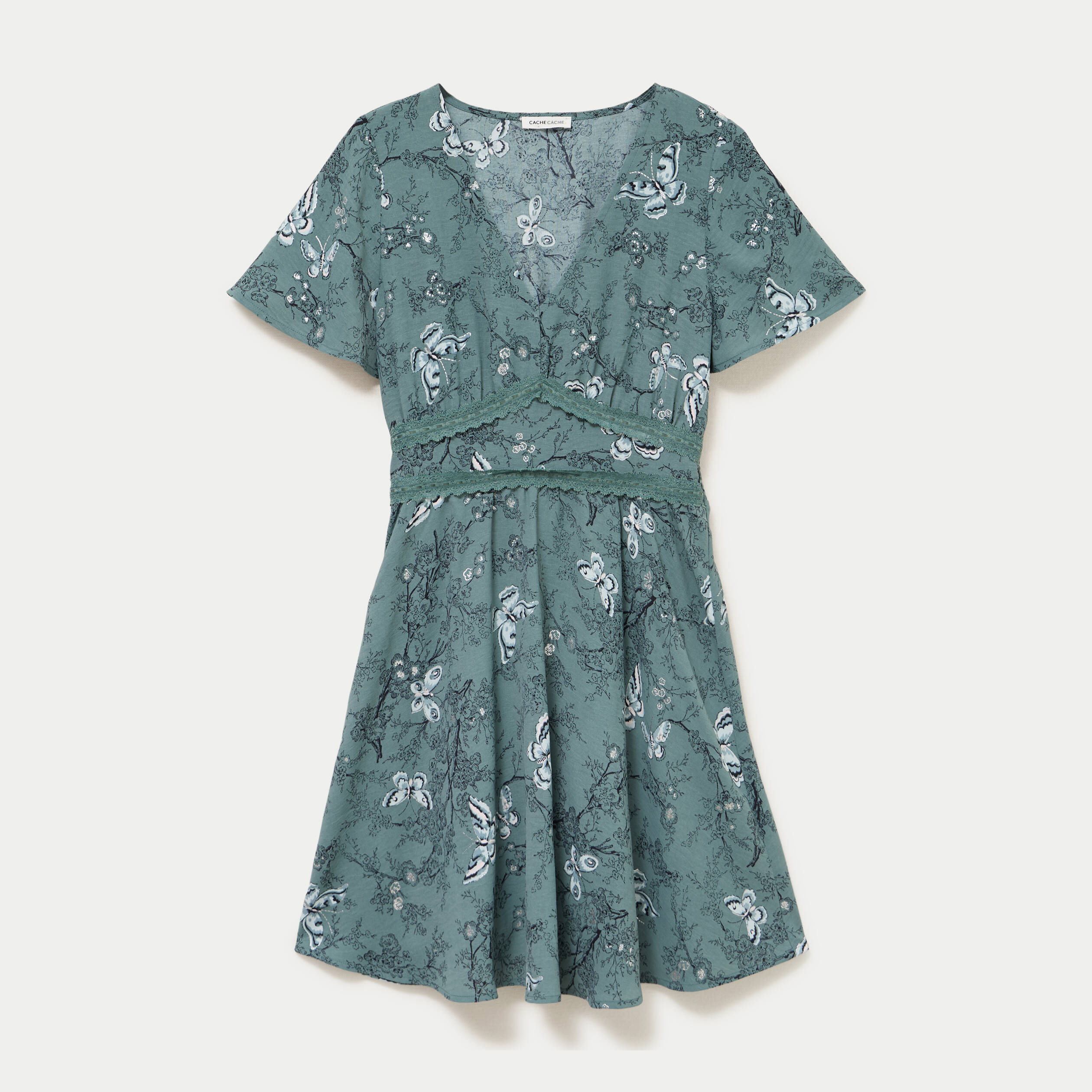 Robe courte &eacute;vas&eacute;e col v manches courtes bleu femme