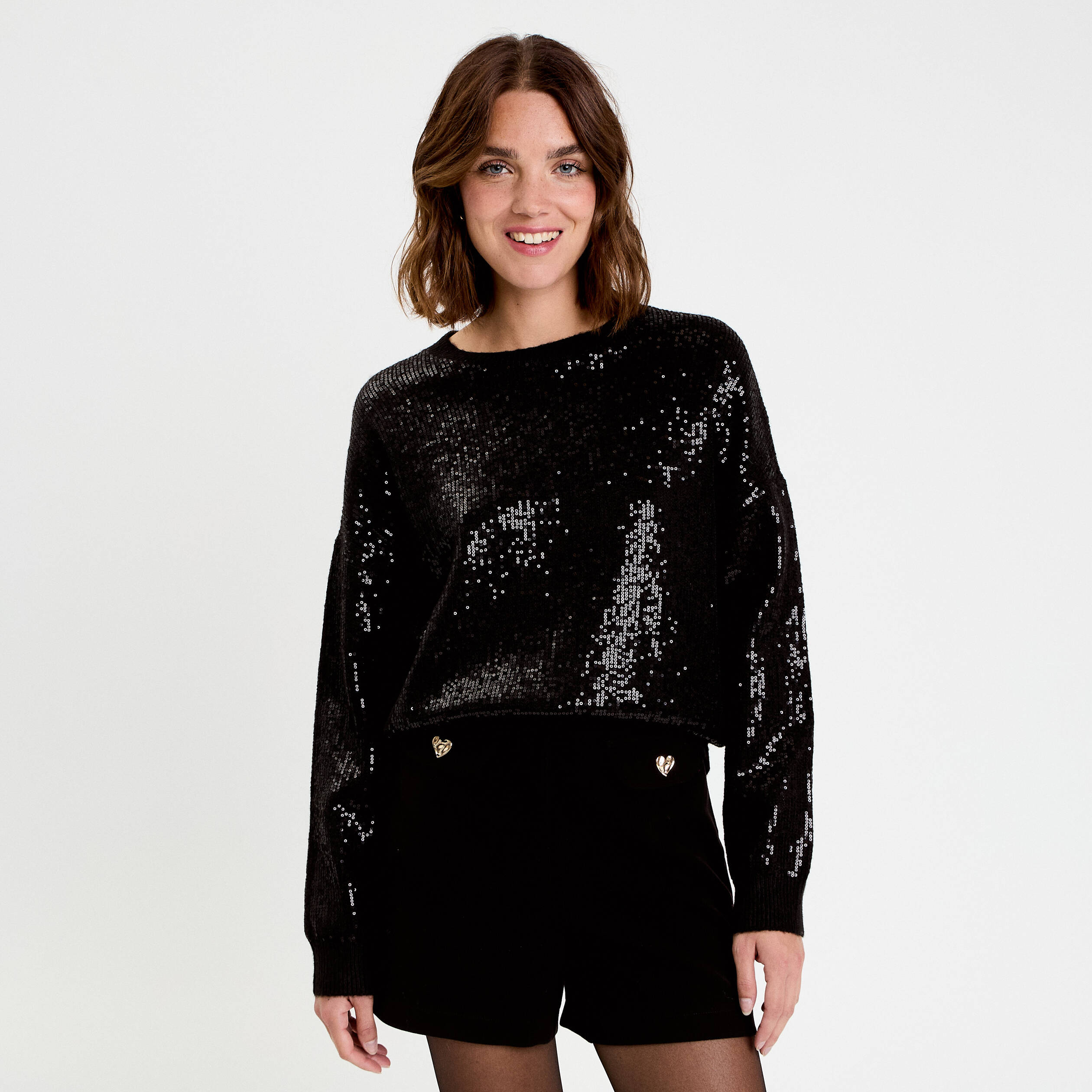Pull manches longues avec sequins noir femme