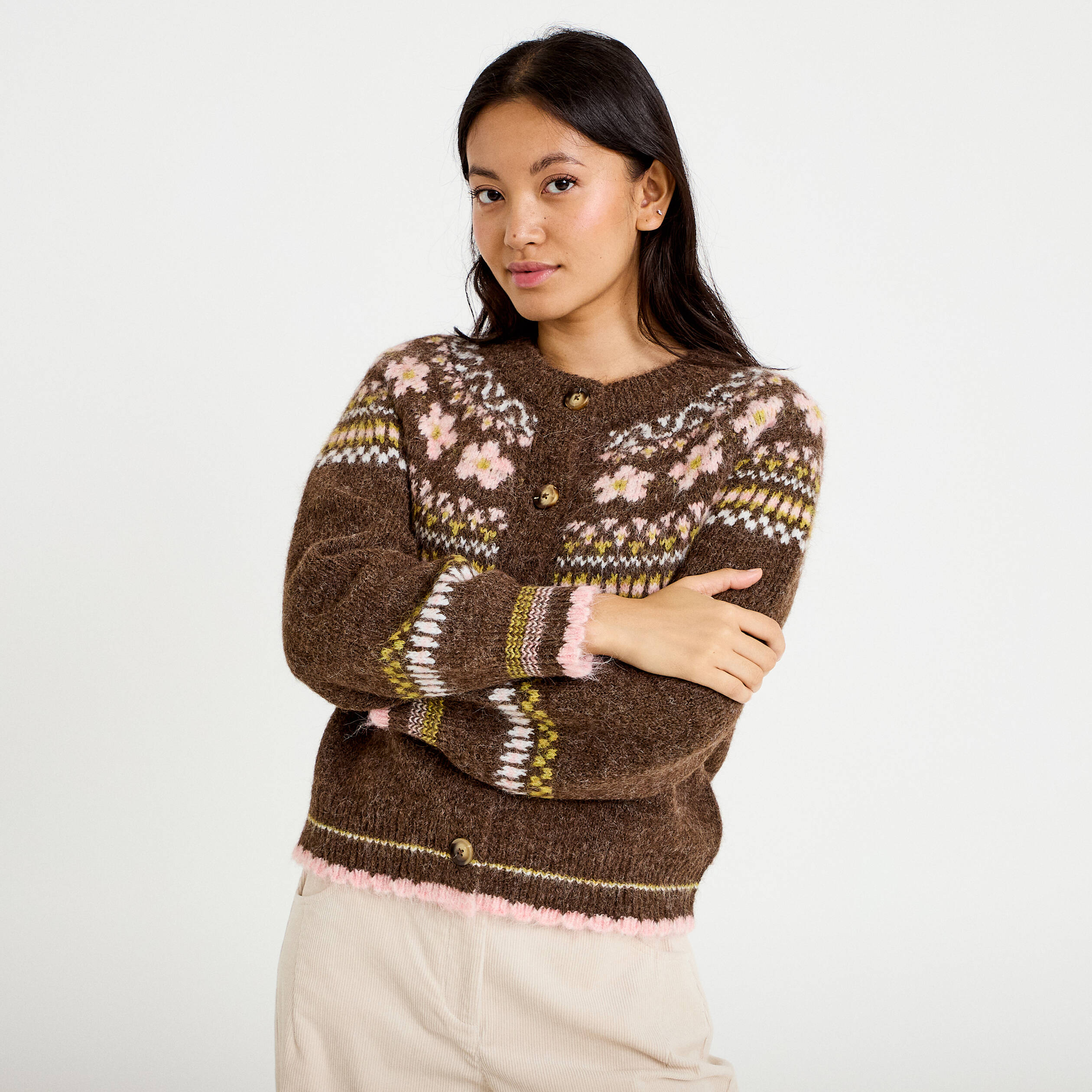 Gilet ample col rond manches longues marron fonc&eacute; femme
