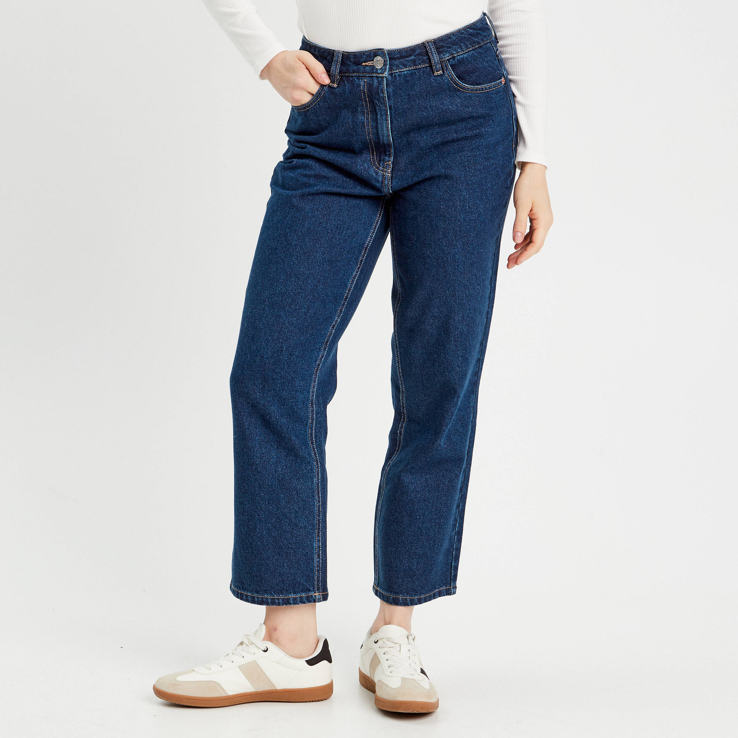 Jeans droit cropped taille haute denim brut femme