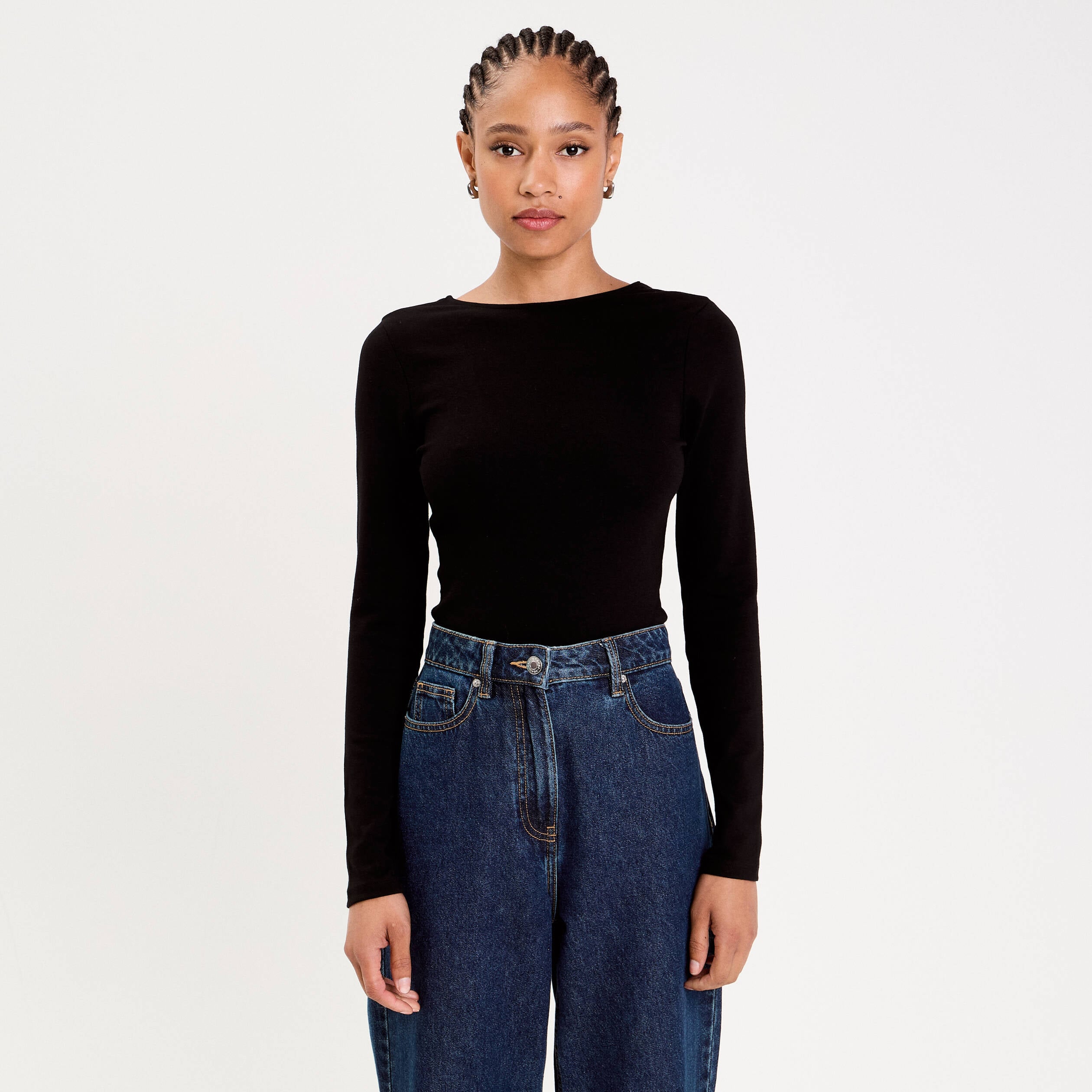 Body cintr&eacute; manches longues bateau noir femme