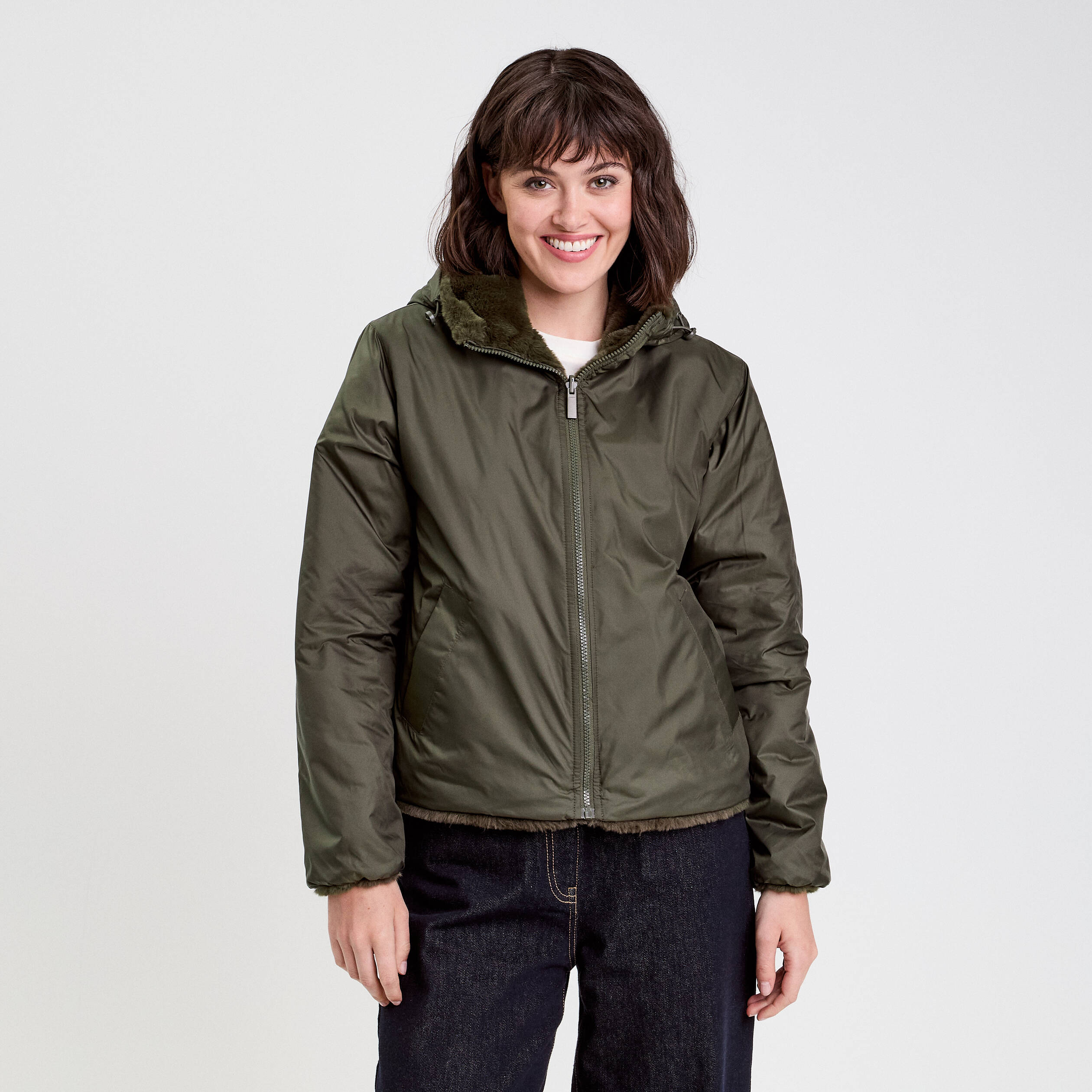 Parka r&eacute;versible &agrave; capuche vert kaki femme