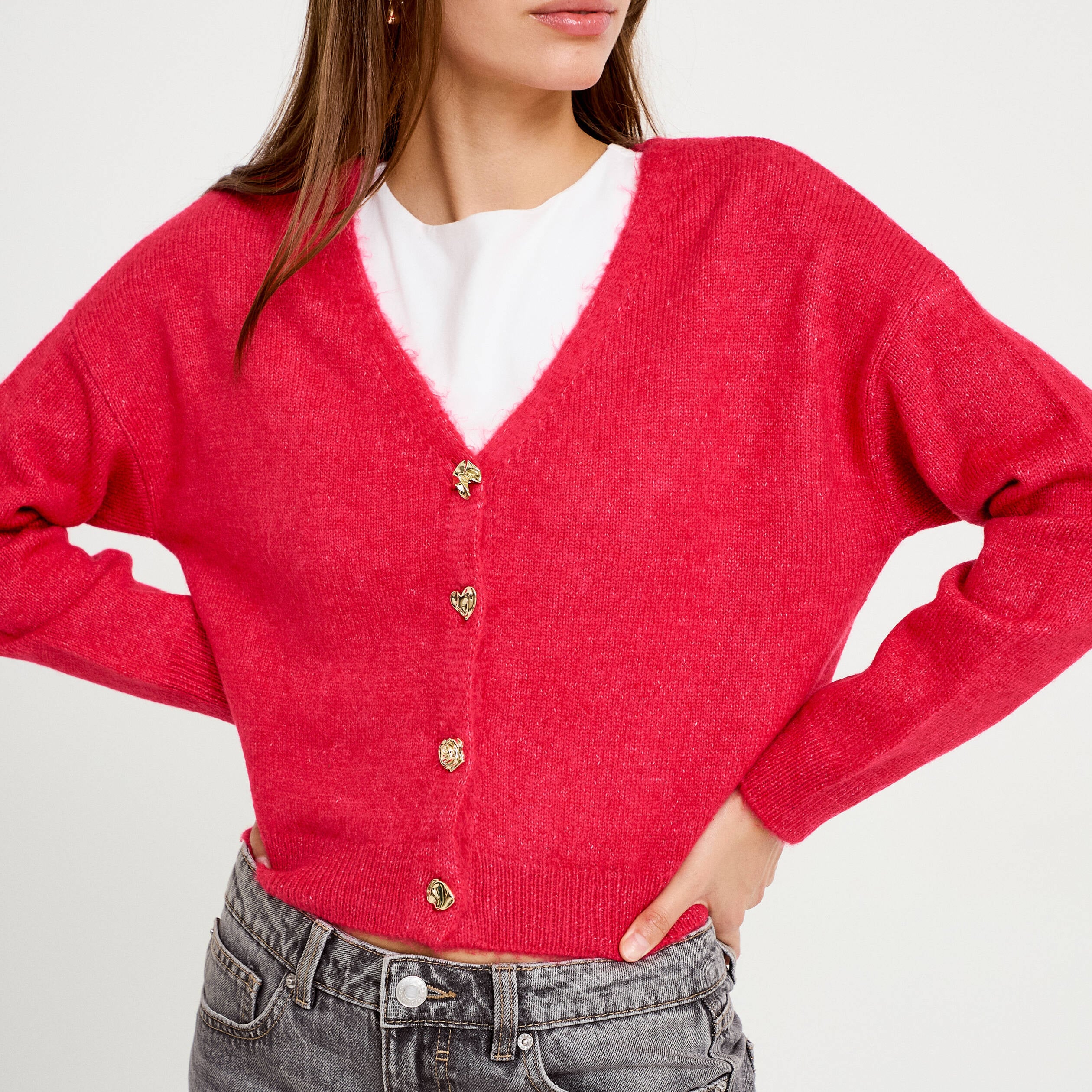 Gilet col v manches longues rouge femme