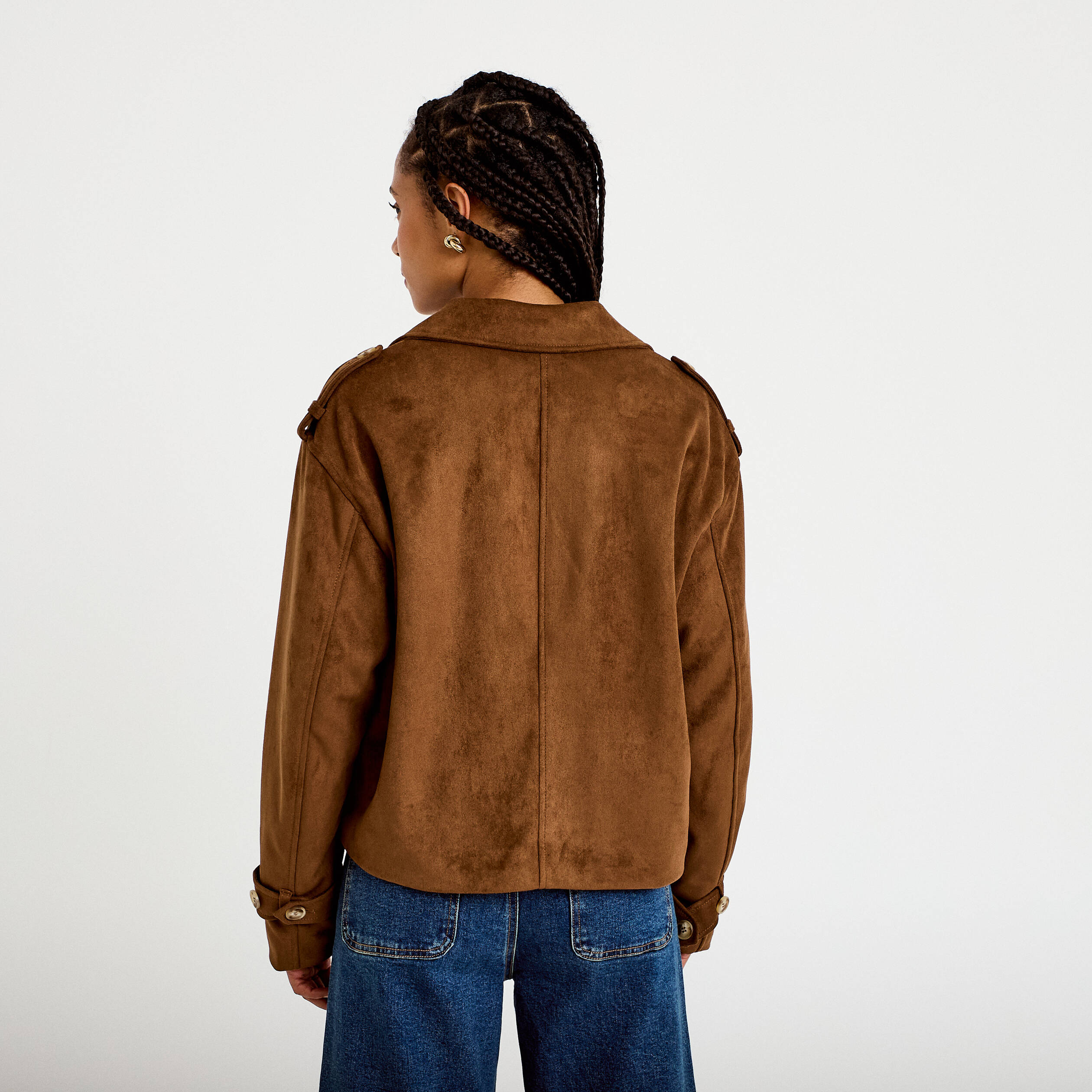 Trench droit manches longues aspect daim marron femme