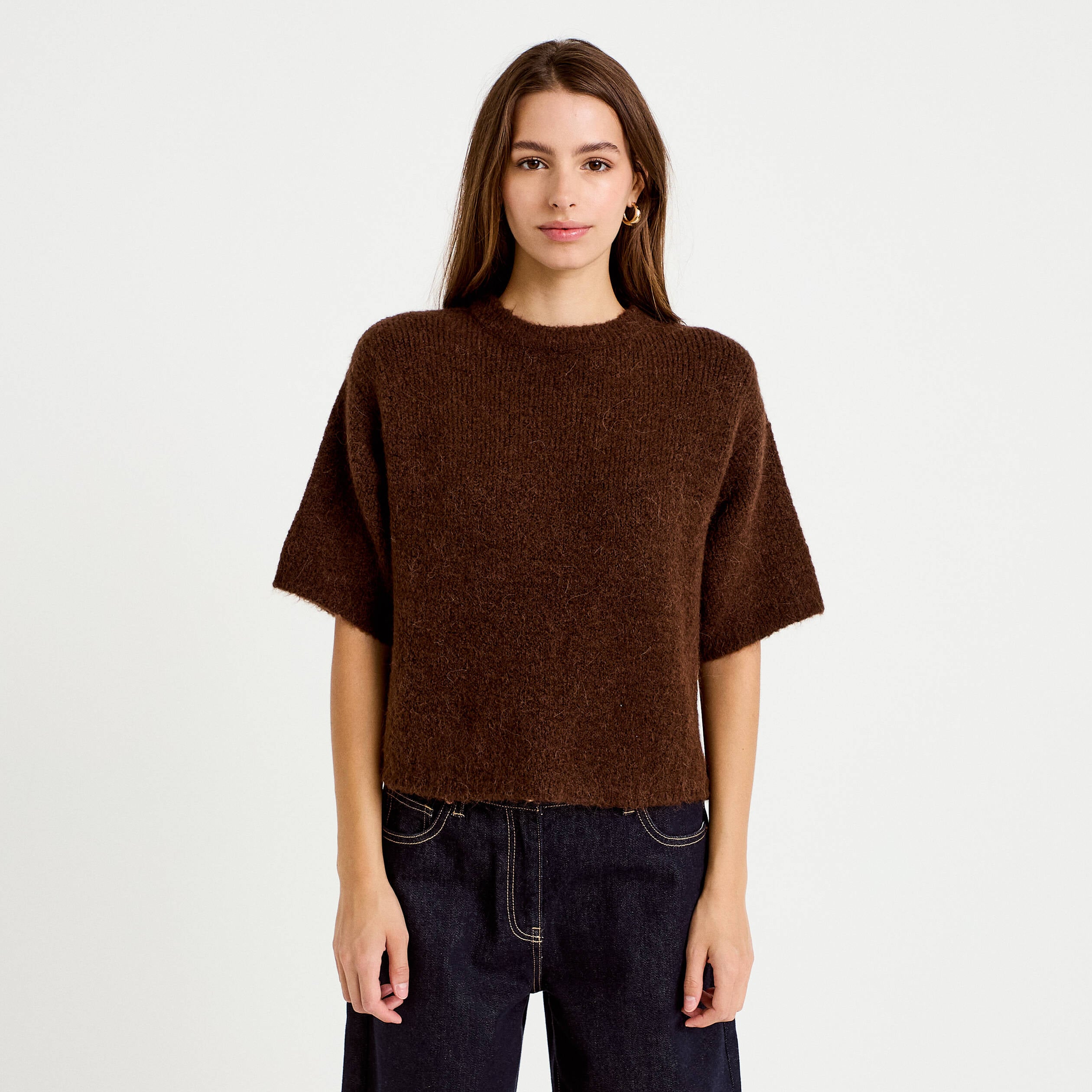 Pull manches courtes marron fonc&eacute; femme