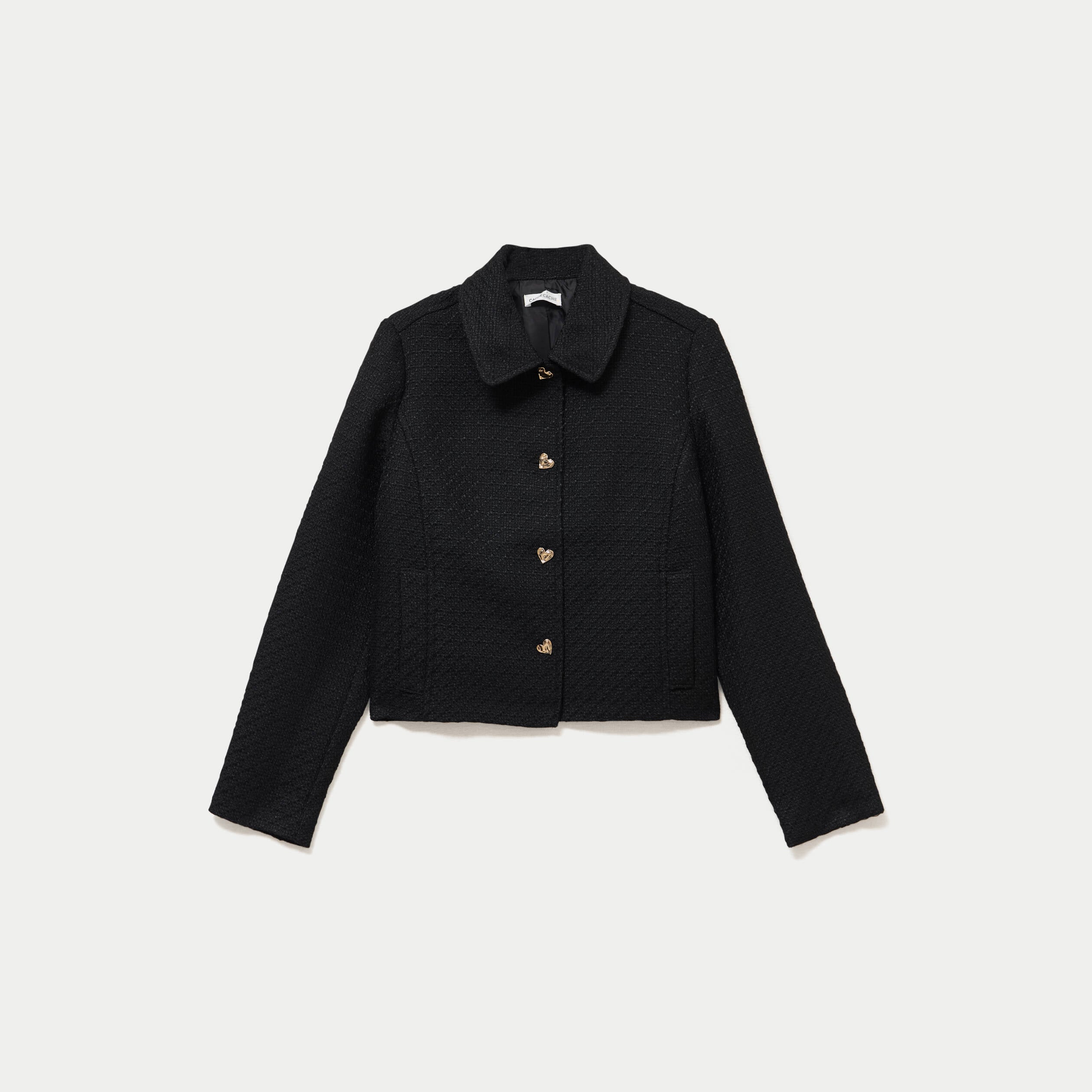 Veste droite en tweed col classique noir femme