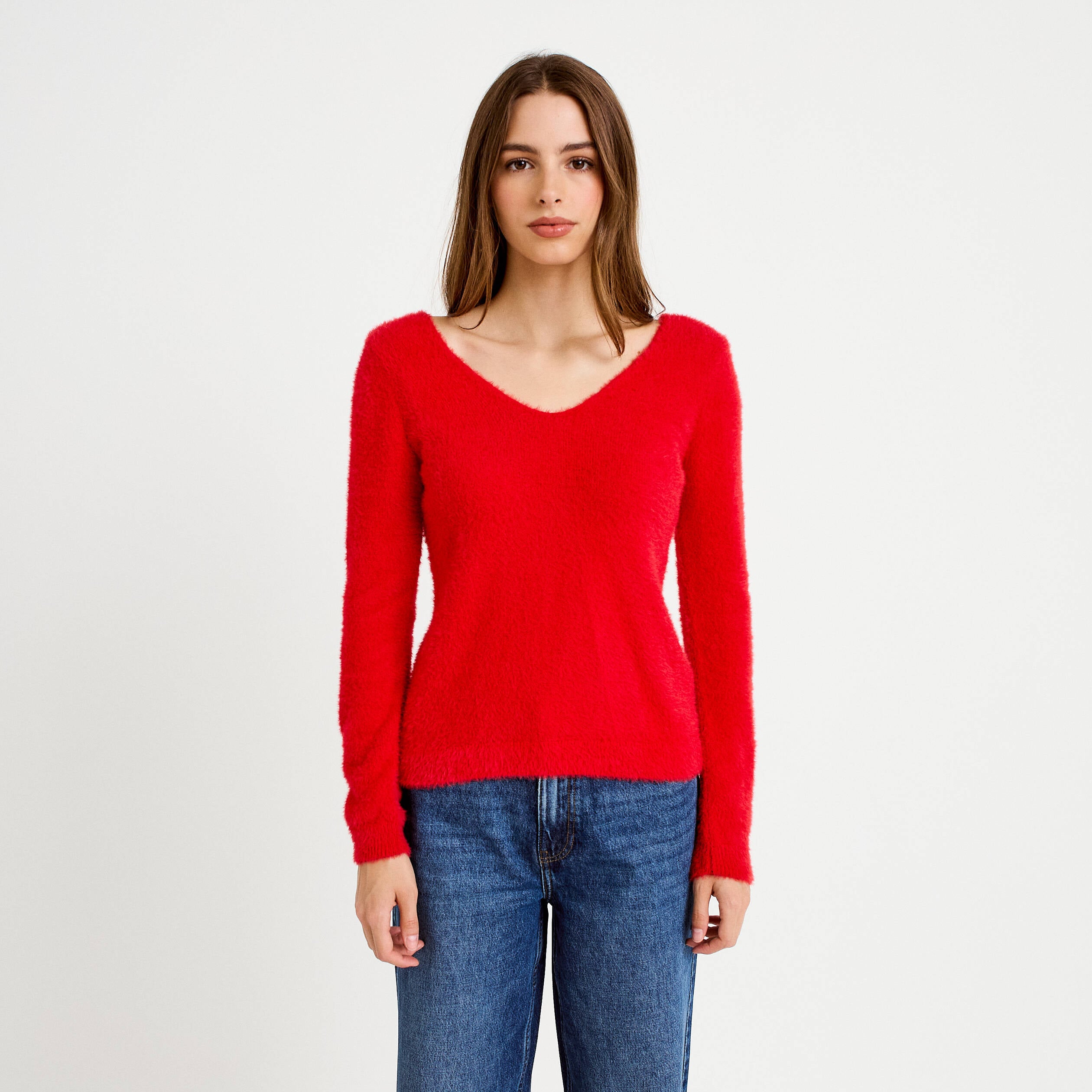 Pull col v manches longues rouge femme