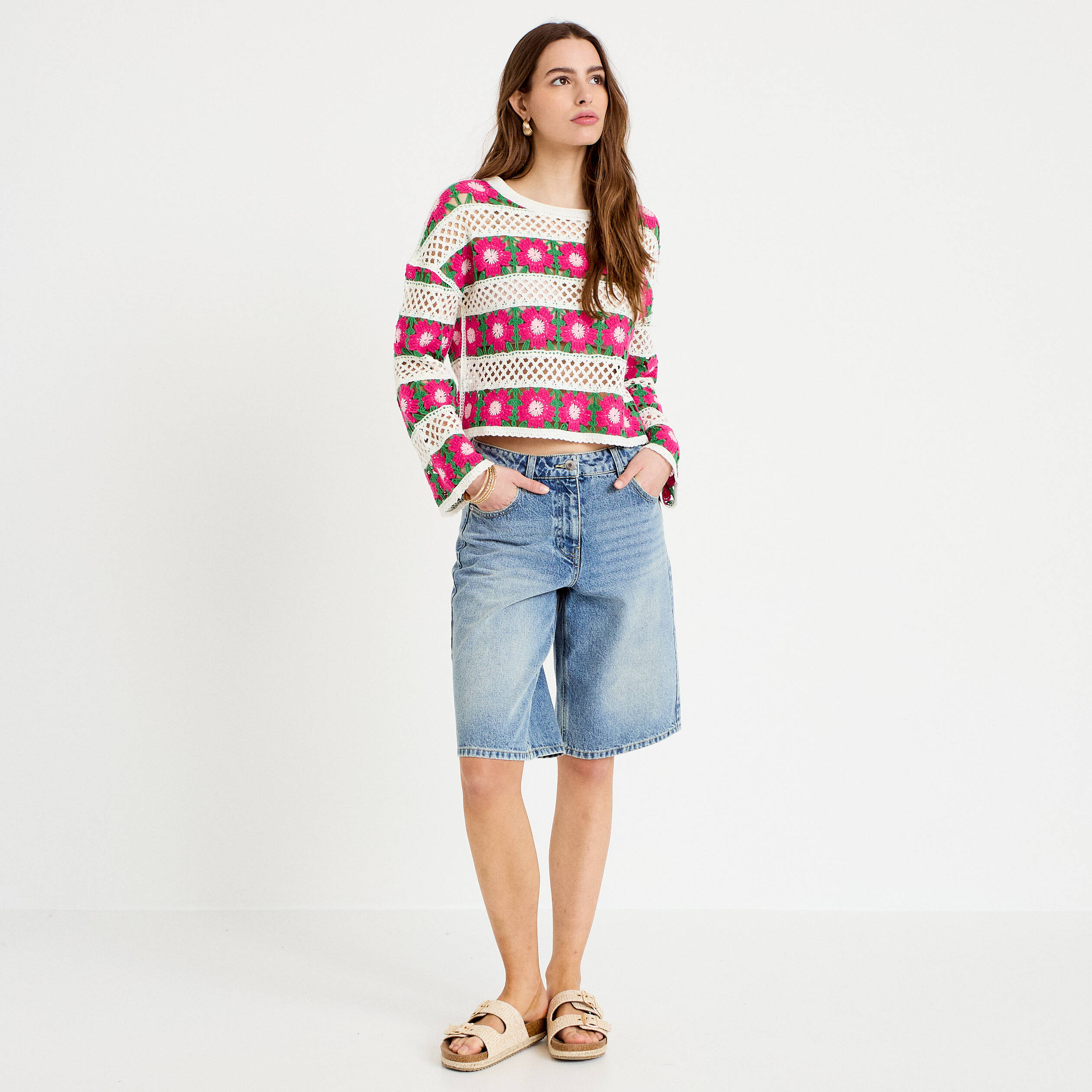 Pull manches longues rose fushia femme
