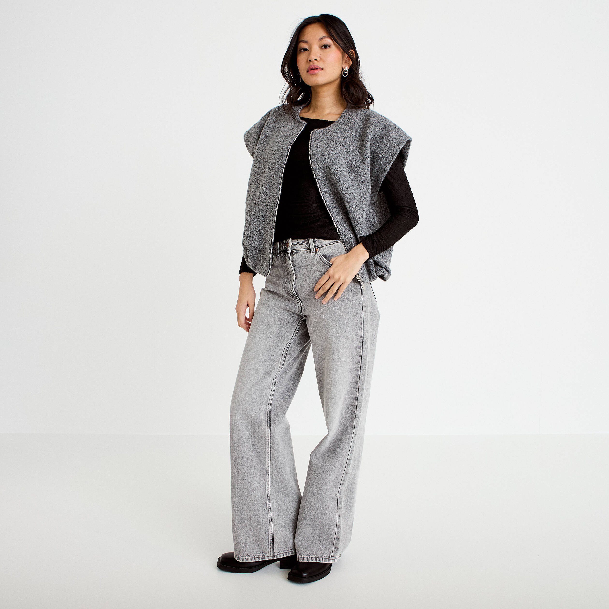 Veste oversize sans manches col rond gris clair femme