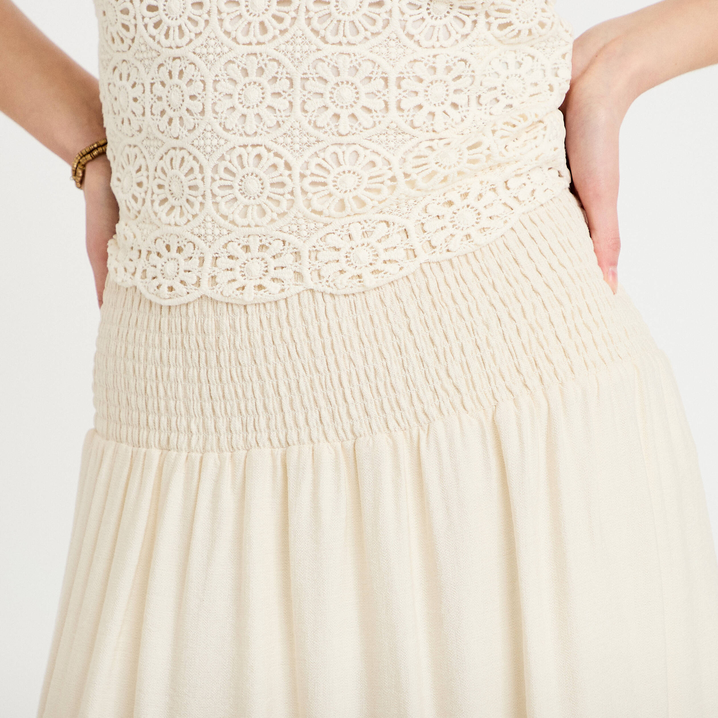 Jupon &eacute;vas&eacute; taille haute ecru femme