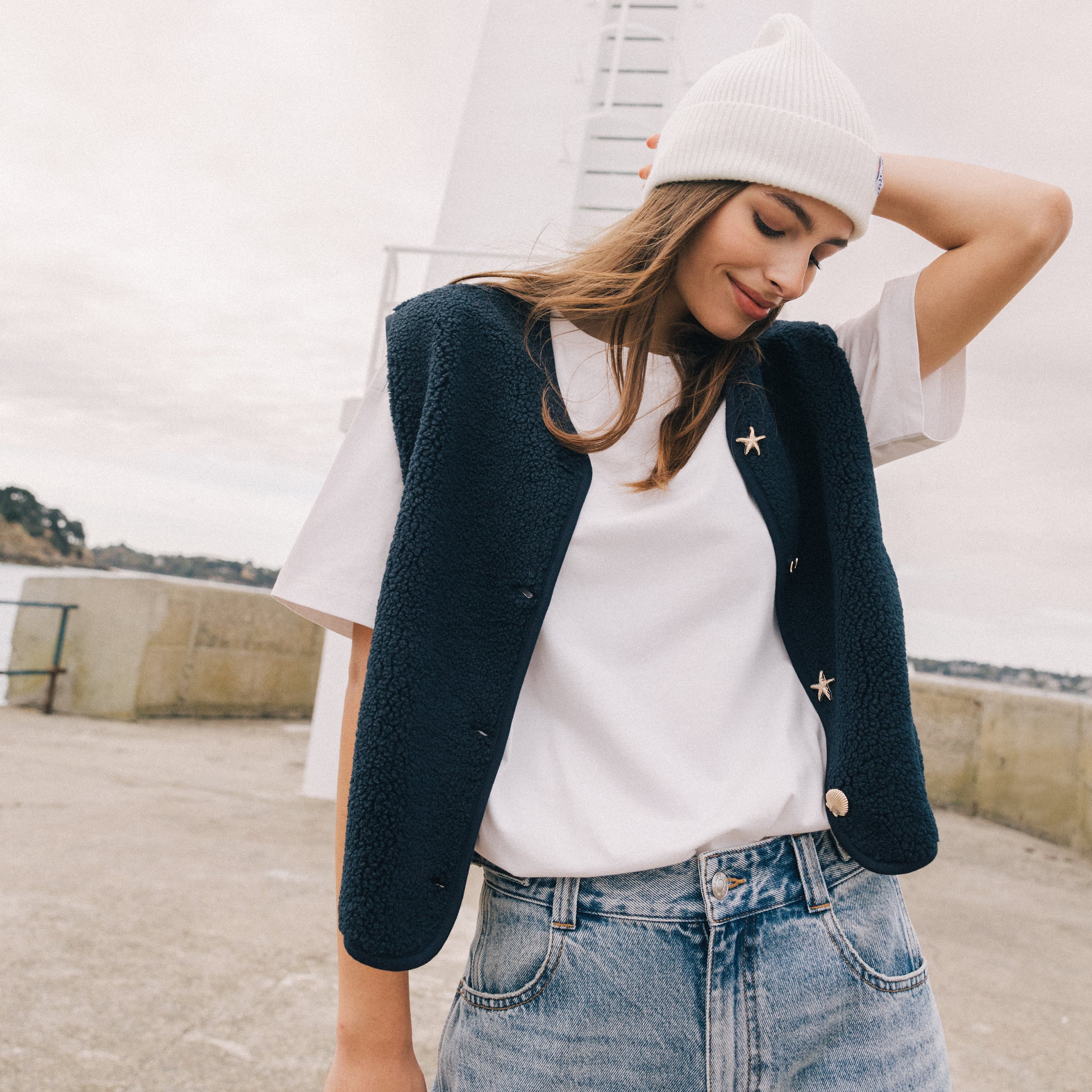 Gilet sans manches effet polaire col v bleu marine femme