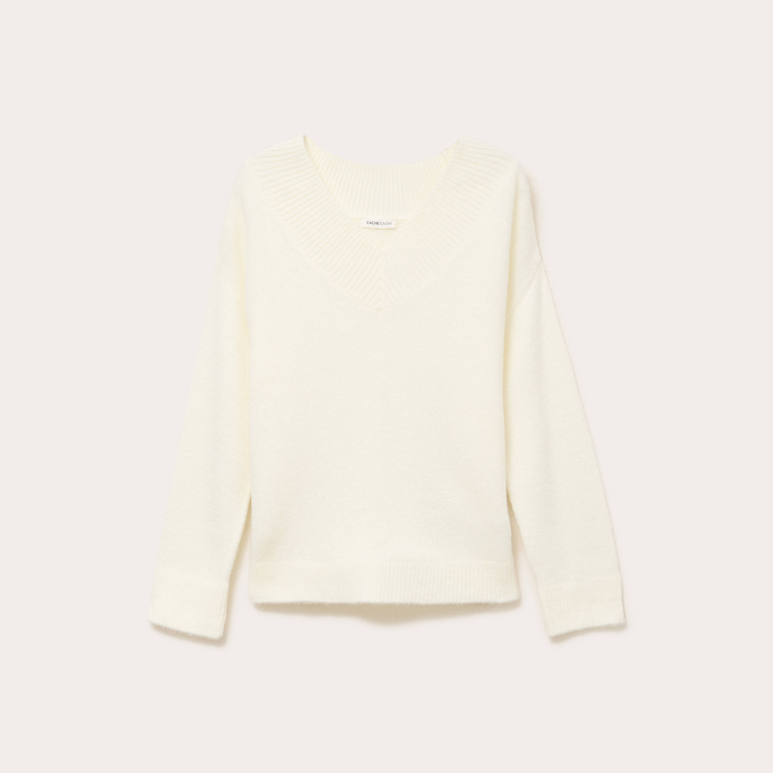 Pull oversize col v manches longues ecru femme